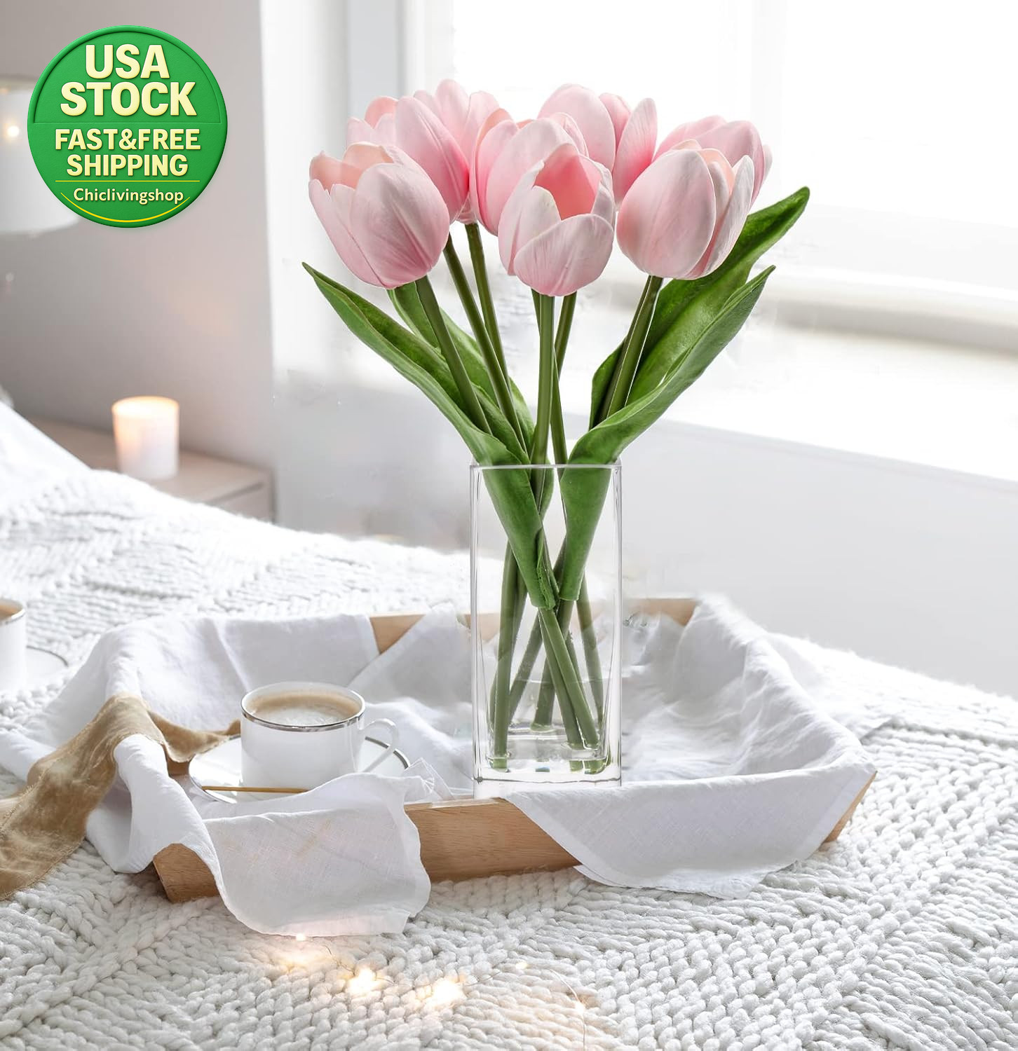 Artificial Tulip Flowers Pink Real Touch Foam Arrangement in Clear Vase 13.5In