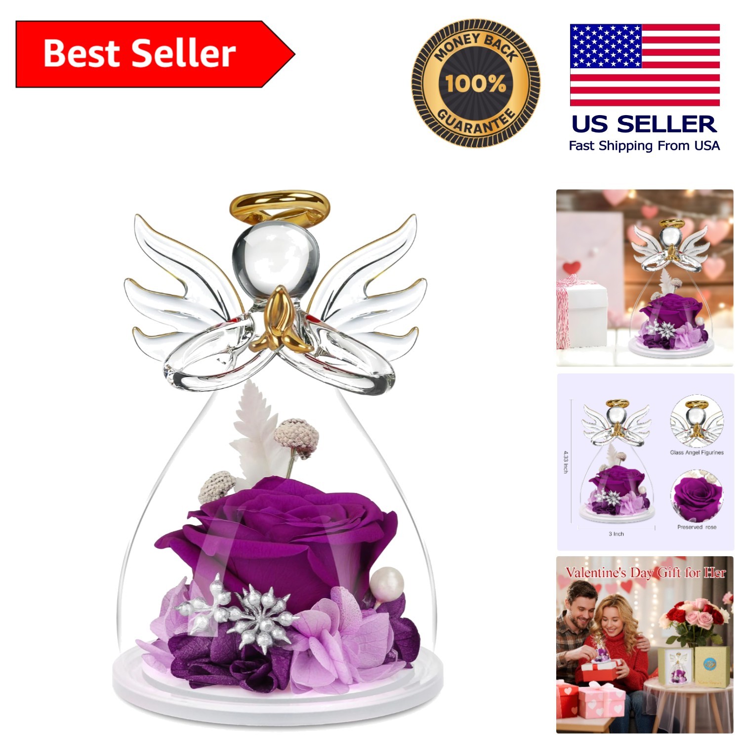 Romantic Preserved Flower Rose in Glass Angel Figurine – Perfect for Mom or Wife