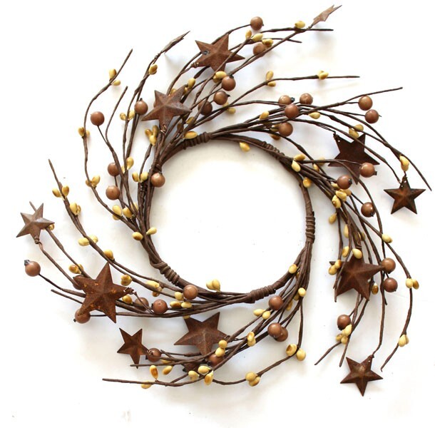 Primitive Berries Candle Ring with Rusty Stars 4.5″ in Mustard and Cream EV-406R