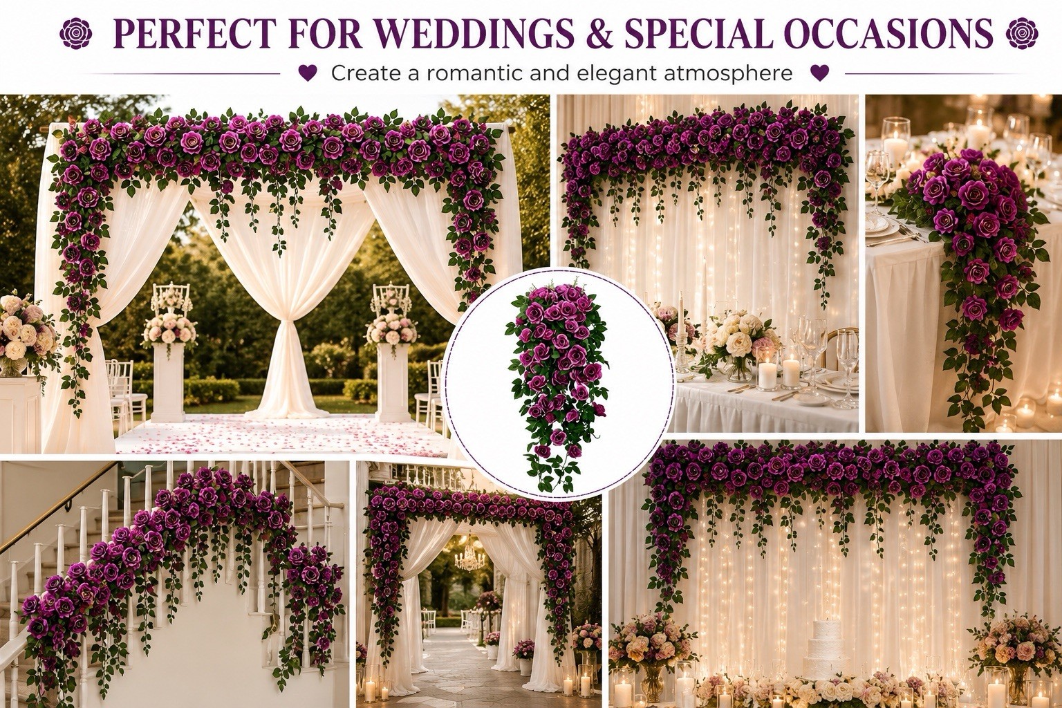 90cm Artificial Purple Rose Hanging Vine Silk Flower Garland Wedding Home Decor