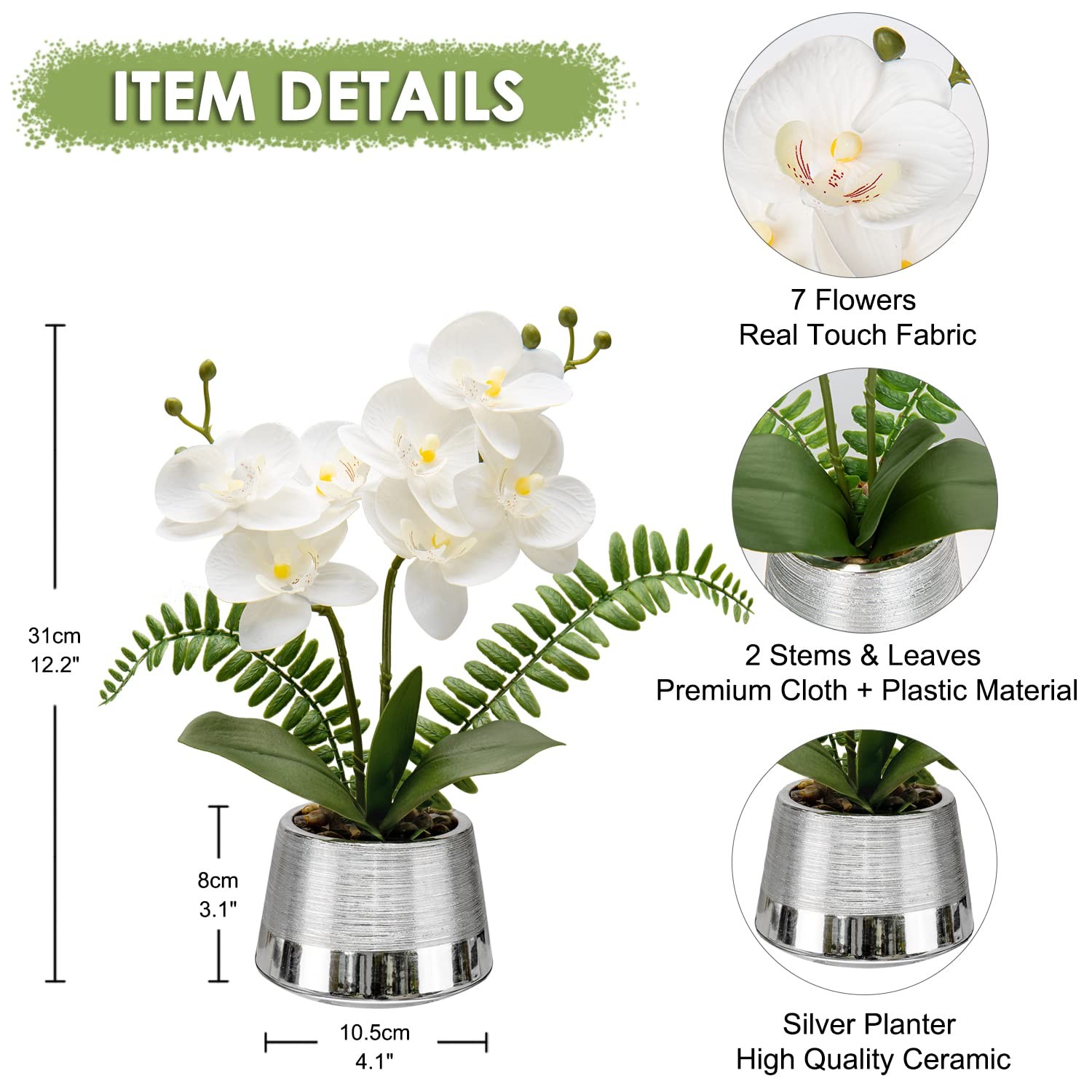 White Orchids Artificial Flowers Silver Pot Faux Phaleanopsis Fake Centerpiece