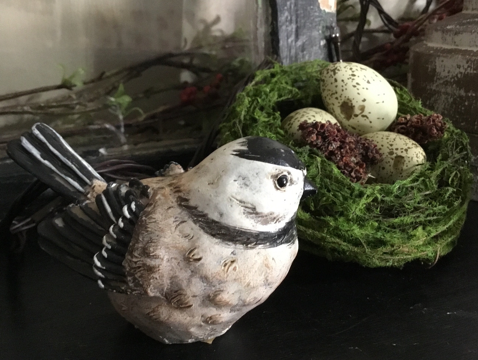 Lg. Spring Bird Figurine Summer Grey Bird Black White Bird