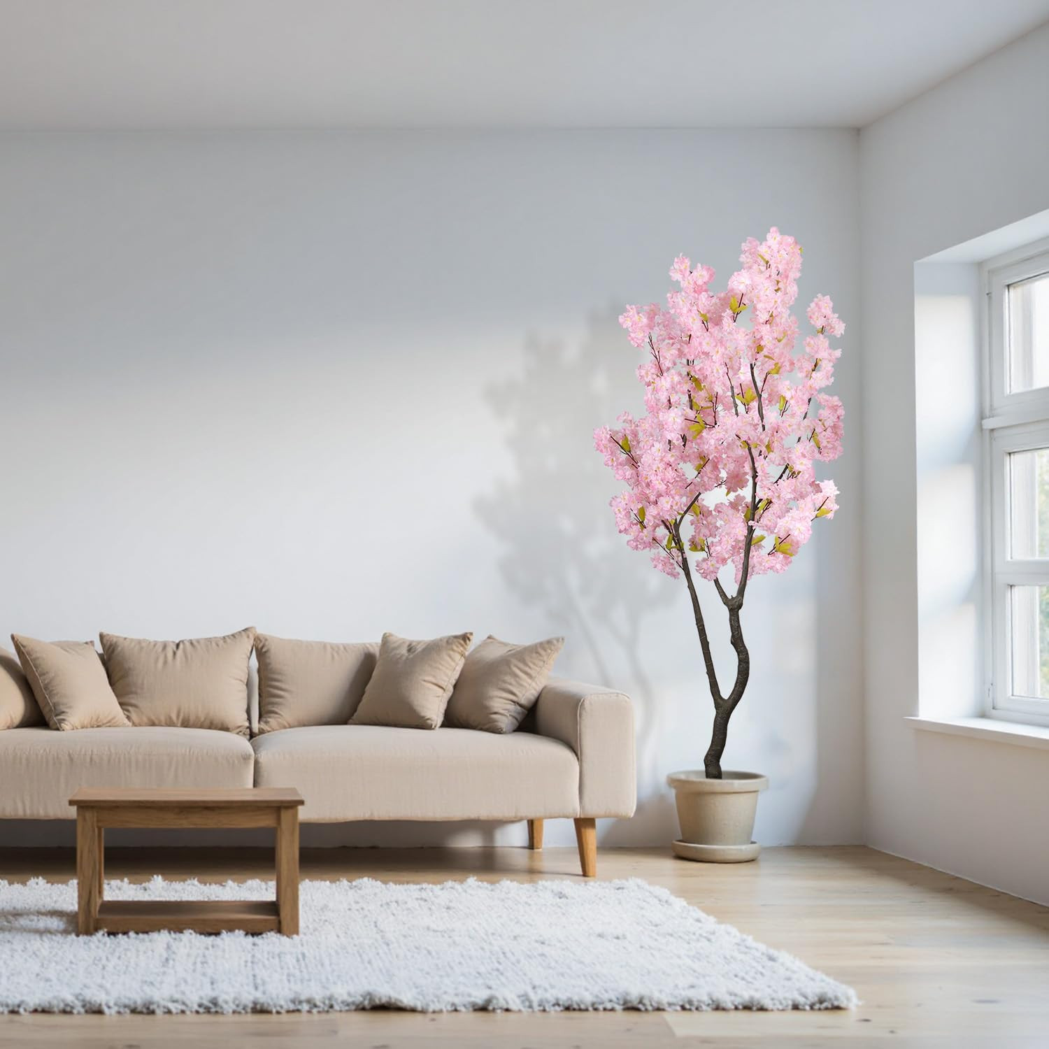 6.56Ft Tall Pink Artificial Cherry Blossom Tree Decor, Fake Silk Flower Plant In