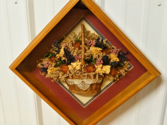 Vintage Hanging Wooden Shadow Box w/ Basket of Dried Flowers Signed Wall Art