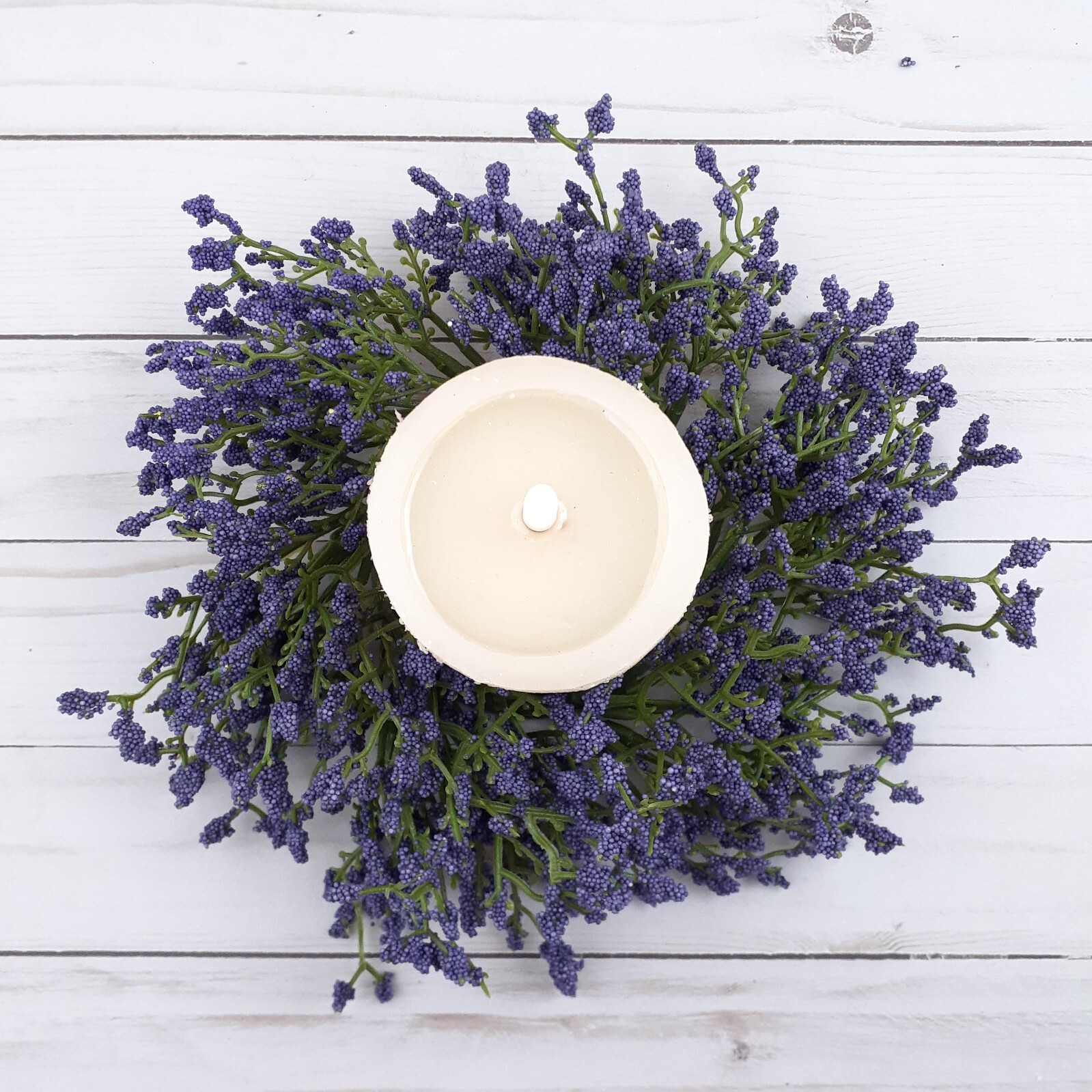 Floral Candle Ring Purple Array Astilbe Flowers 3 in Inside Ring 10 in Overall