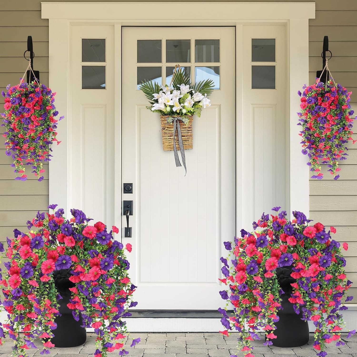 Elegant 2PCS Artificial Hanging Flowers: UV Resistant Morning Glory & Eucalyptus