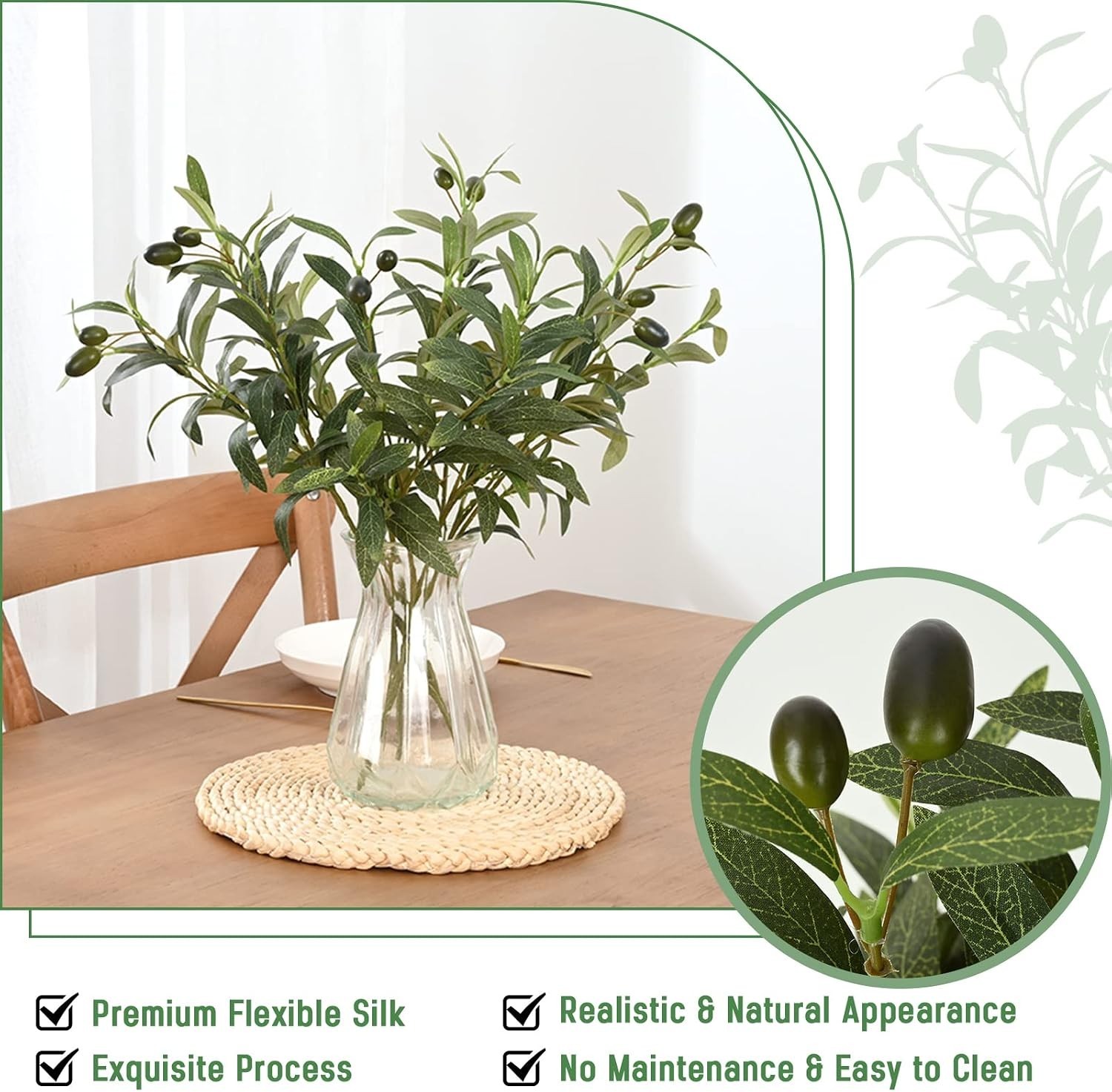 18-Inch Faux Olive Branches – Lifelike Olive Decor for Stylish Vases – Set of 3
