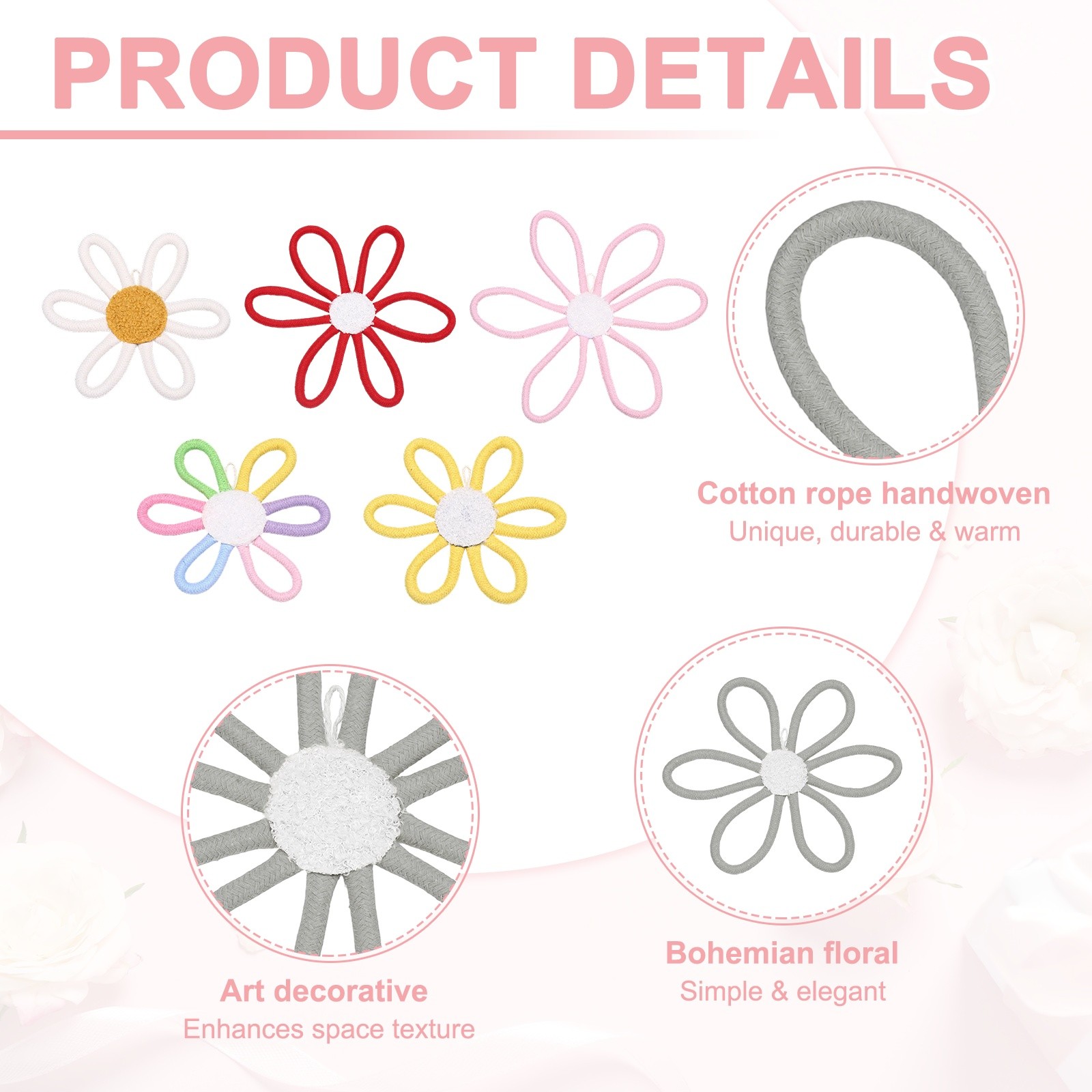 3Pcs Daisies Floral Wall Decor 10″ Flower Art Decor Woven Macrame Light Gray,