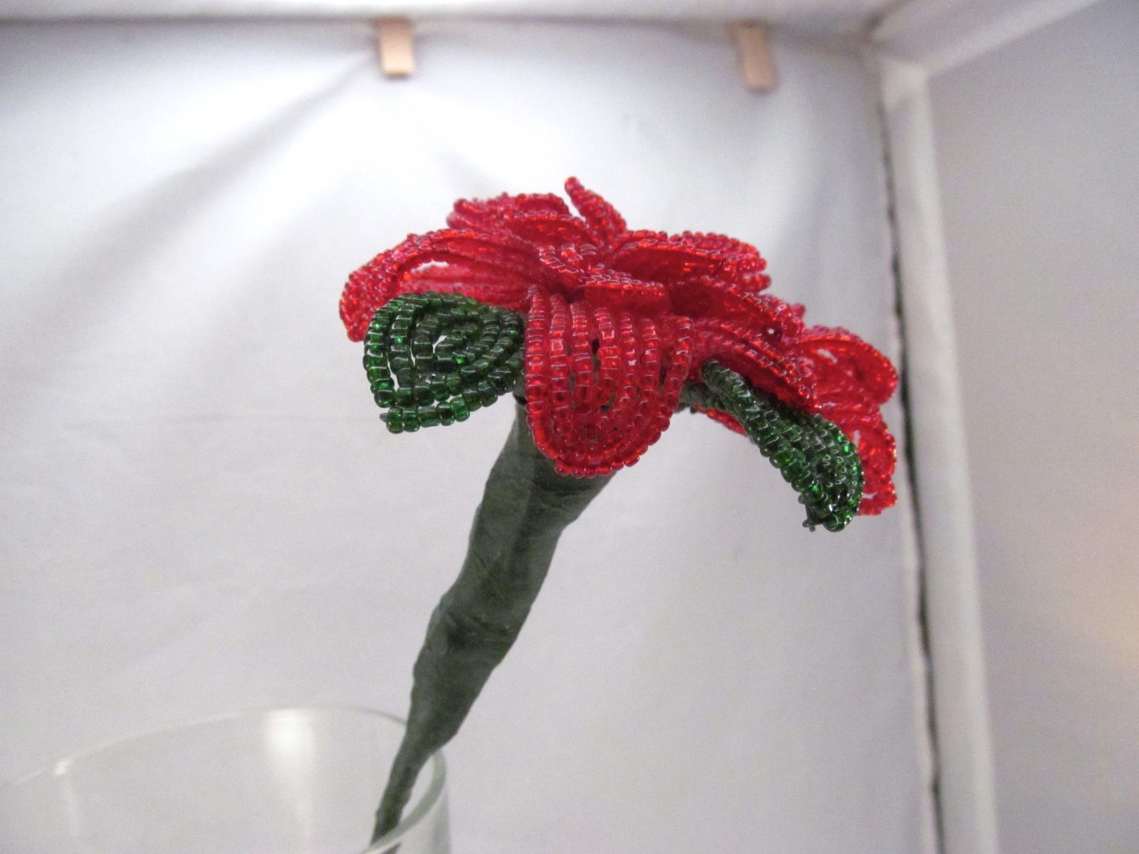 Handcrafted Red & Green French Beaded Flower with Stem Home Decor Gift 11 inch