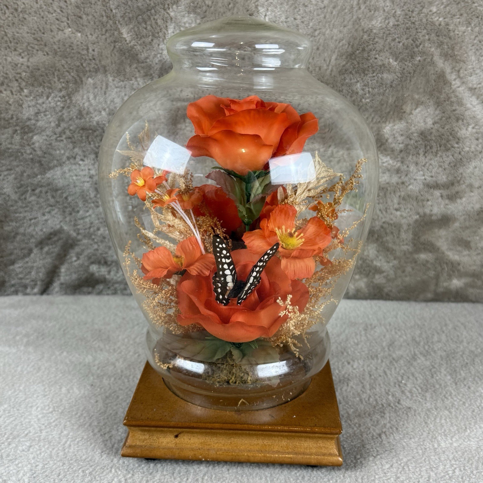 Vintage Butterfly w/Silk Flowers Under Glass Dome Cloche~Silk Flowers Wood Base