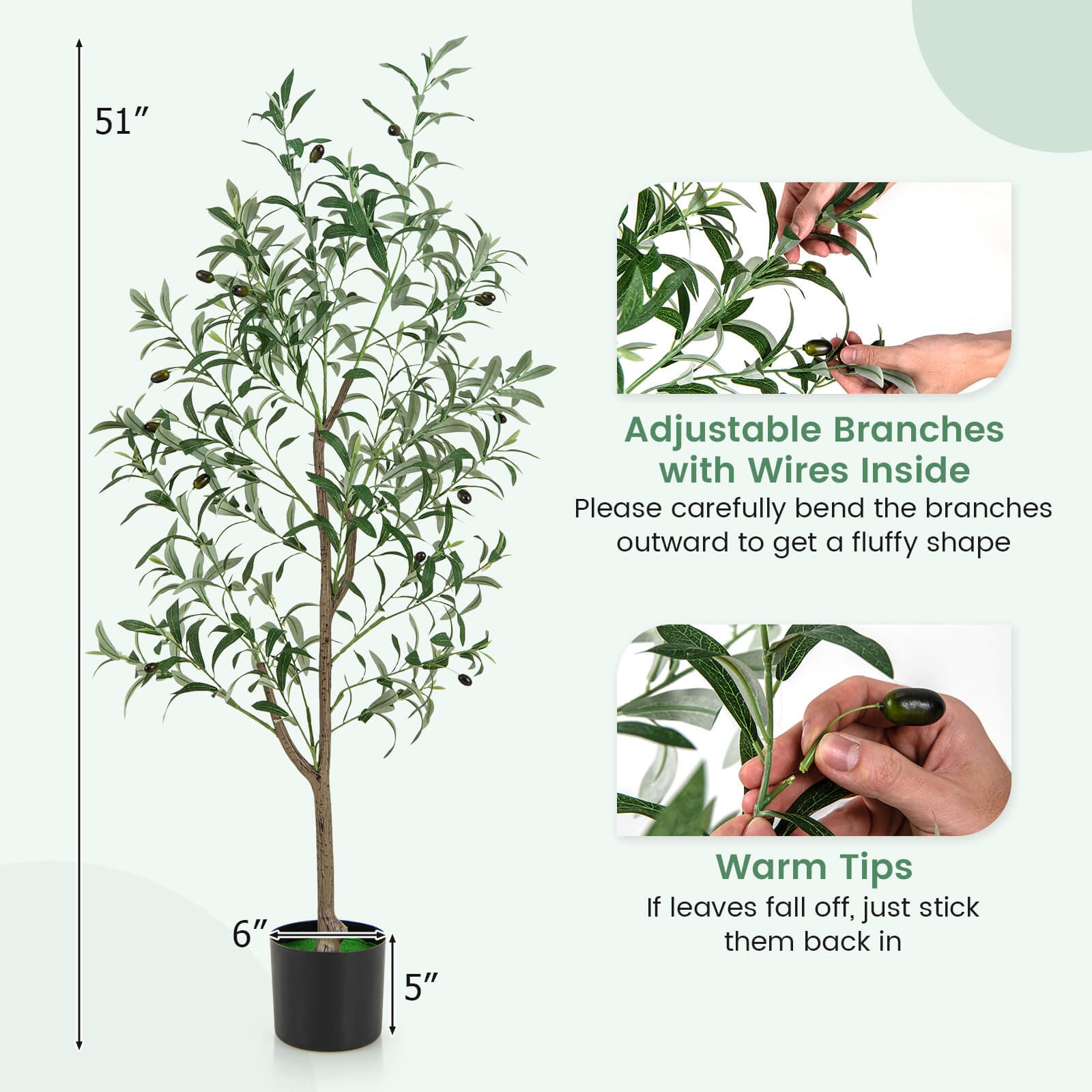 4.5 FT Tall Artificial Olive Tree Set of 2 Fake Potted Trees w/ Realistic Fruits
