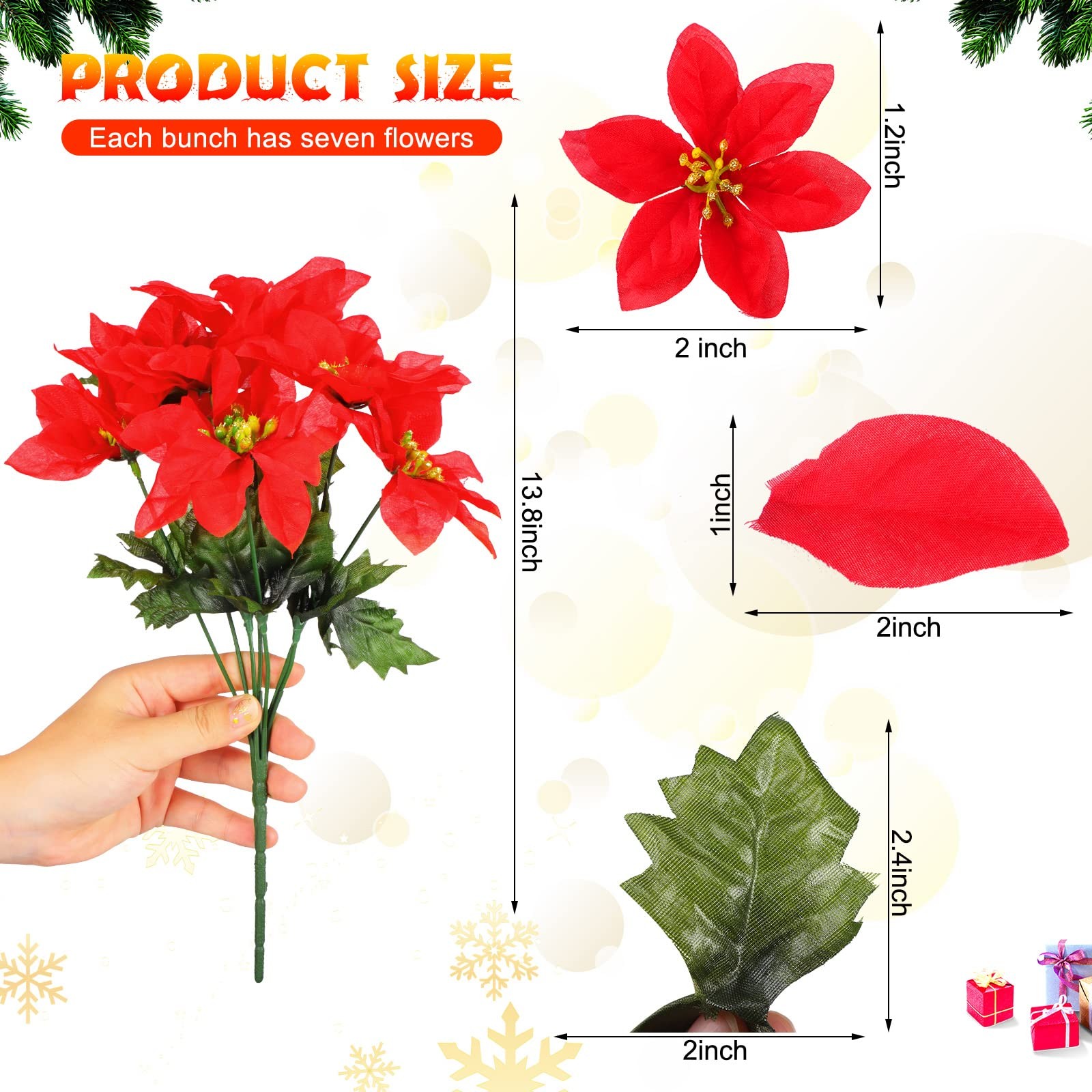 12 PCS 7 Heads Christmas Artificial Poinsettia Flowers Faux Silk Bush Red