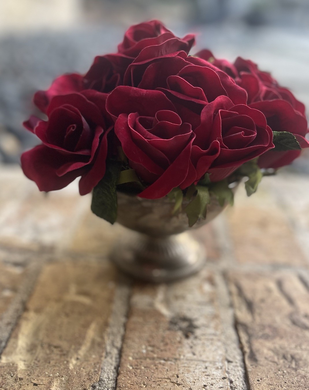 Faux Red Rose Small Arrangement In Aged Silver Pedestal Urn
