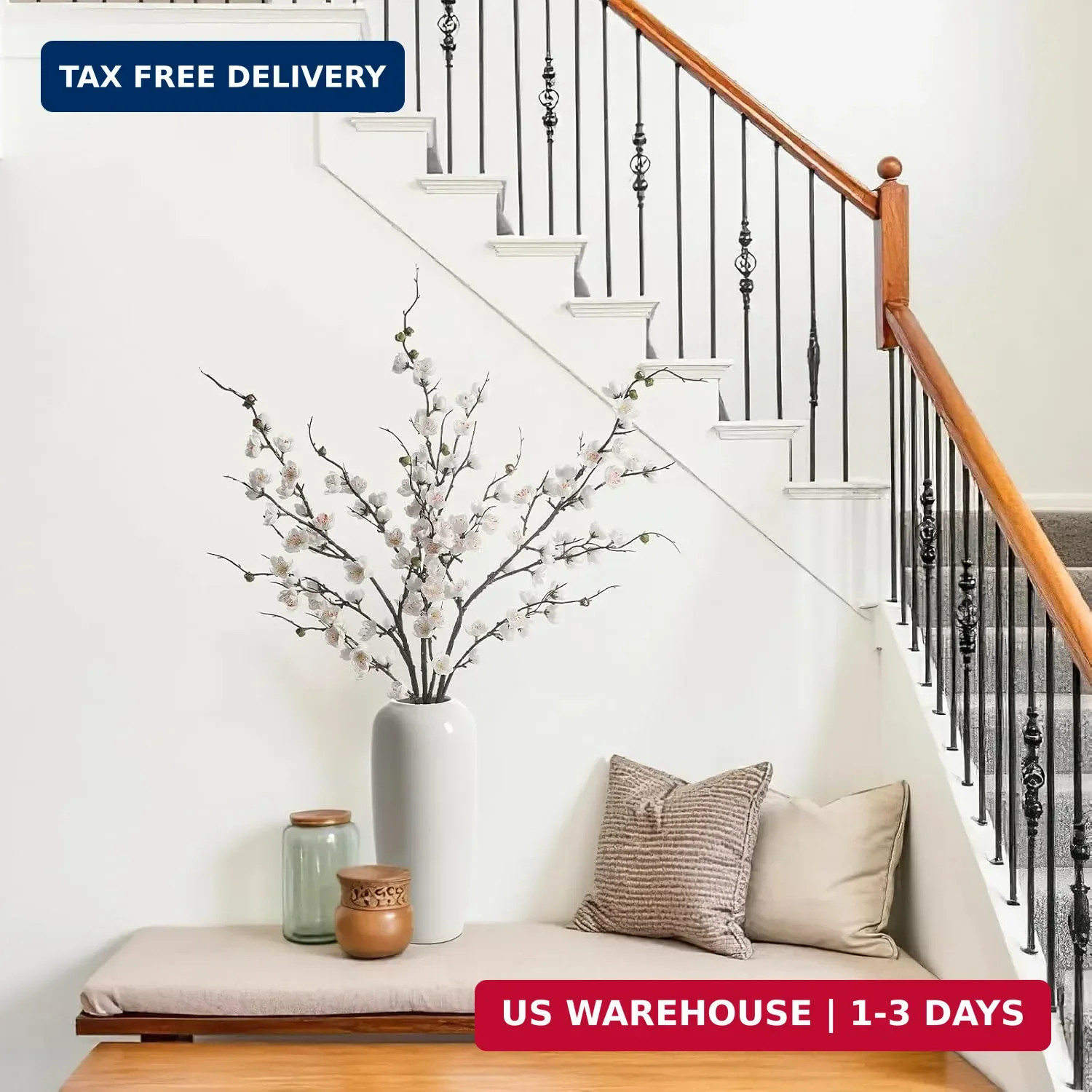 Artificial White Cherry Blossom Branches 3Pcs 37.8″ Faux Silk Cherry Blossom, Fa