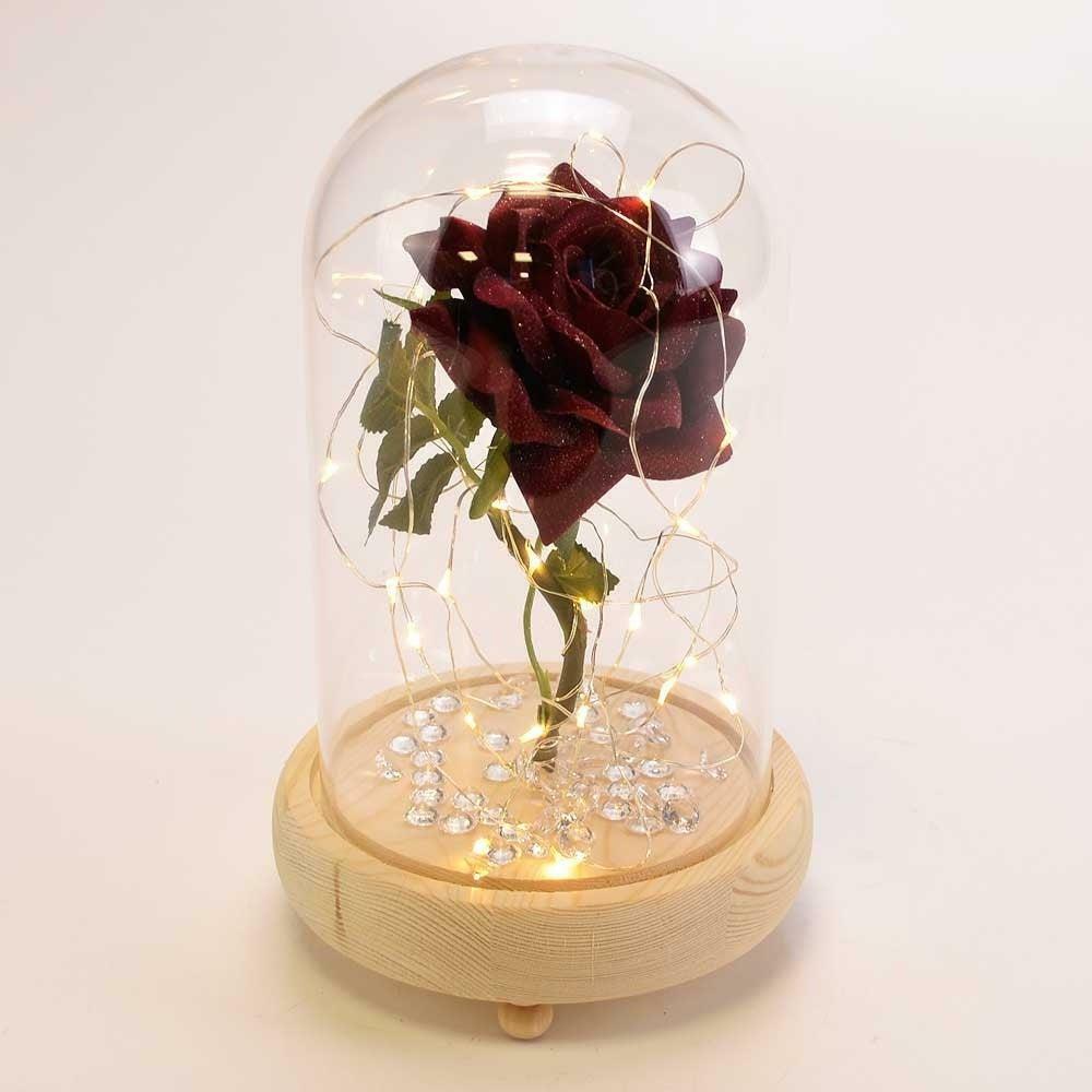 Fairy Tale Red Handmade Enchanted Rose in Glass Dome Bell Jar & Pretty LED Light