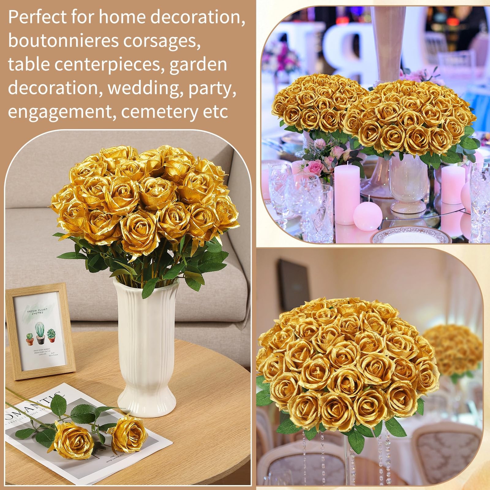 Hoemwarm 36 Pcs Gold Artificial Roses with Long Stems, Fake Silk Rose Artific…