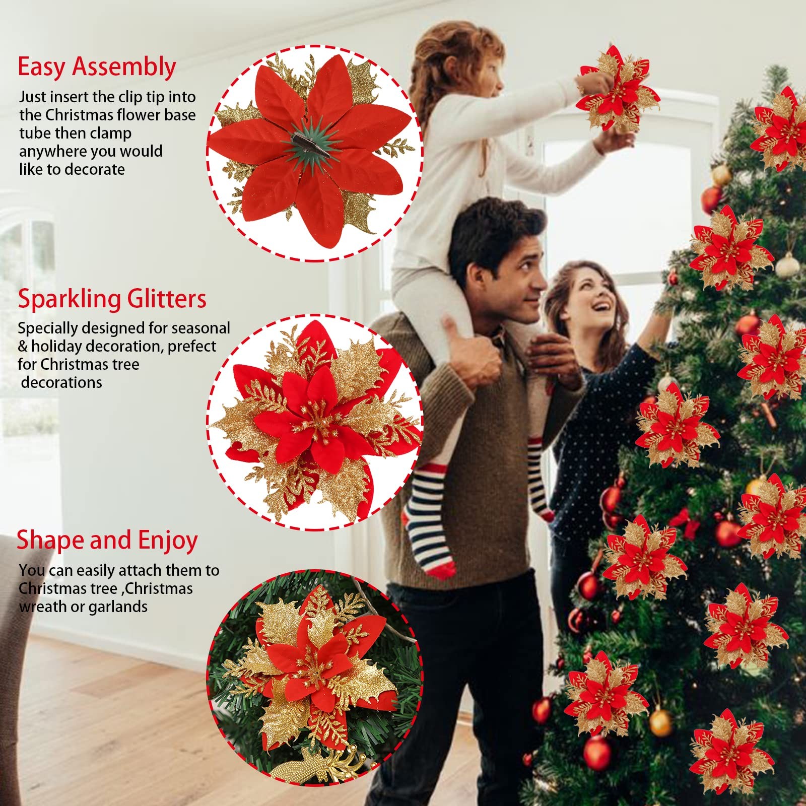 12 Pcs Glitter Poinsettia 5.5″ Artificial Flowers Christmas with Clips Stems …