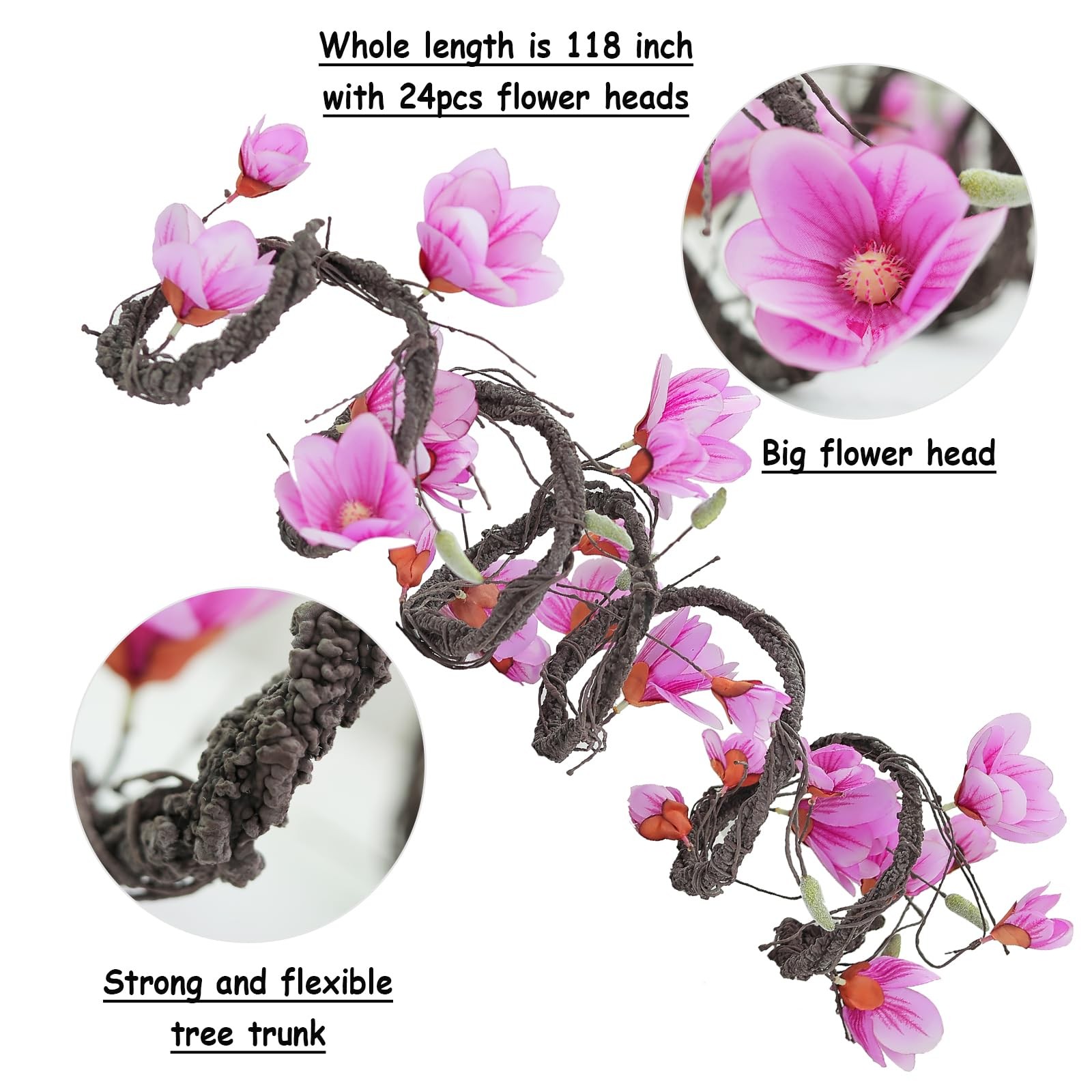 118in Faux Magnolia Orchid Flores Garland Hanging Vines(Fuchsia)