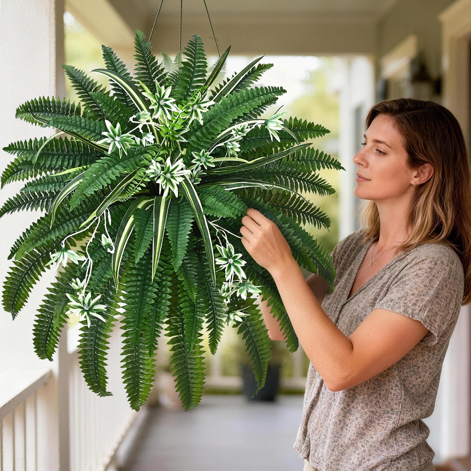 2 Pcs 48″ Fake Ferns, Artificial Ferns for Outdoors Large Faux Boston Fern wi…