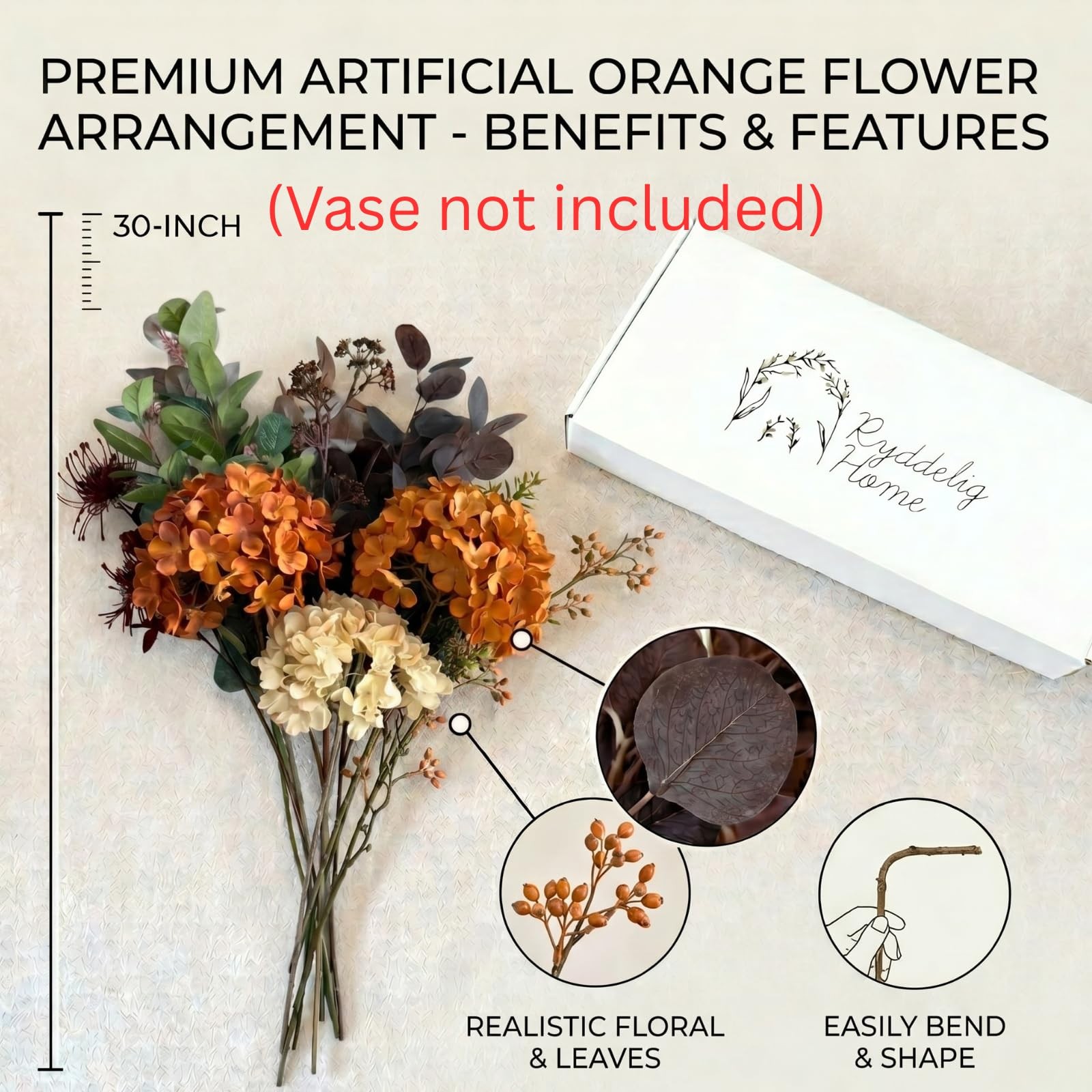 Faux Arrangement – Burnt Orange Hydrangea & Eucalyptus Stems, Fall Centerpiec…