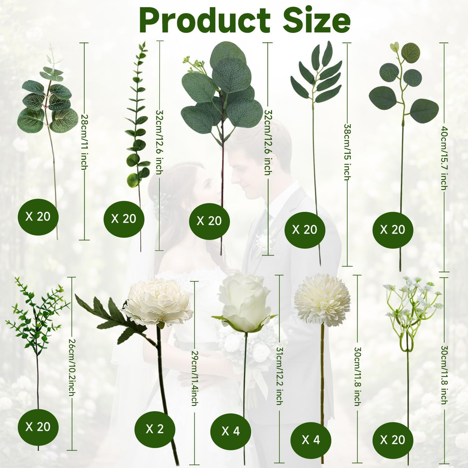 150 Pcs Faux Greenery Stems with Flowers for Wedding & Home Decor