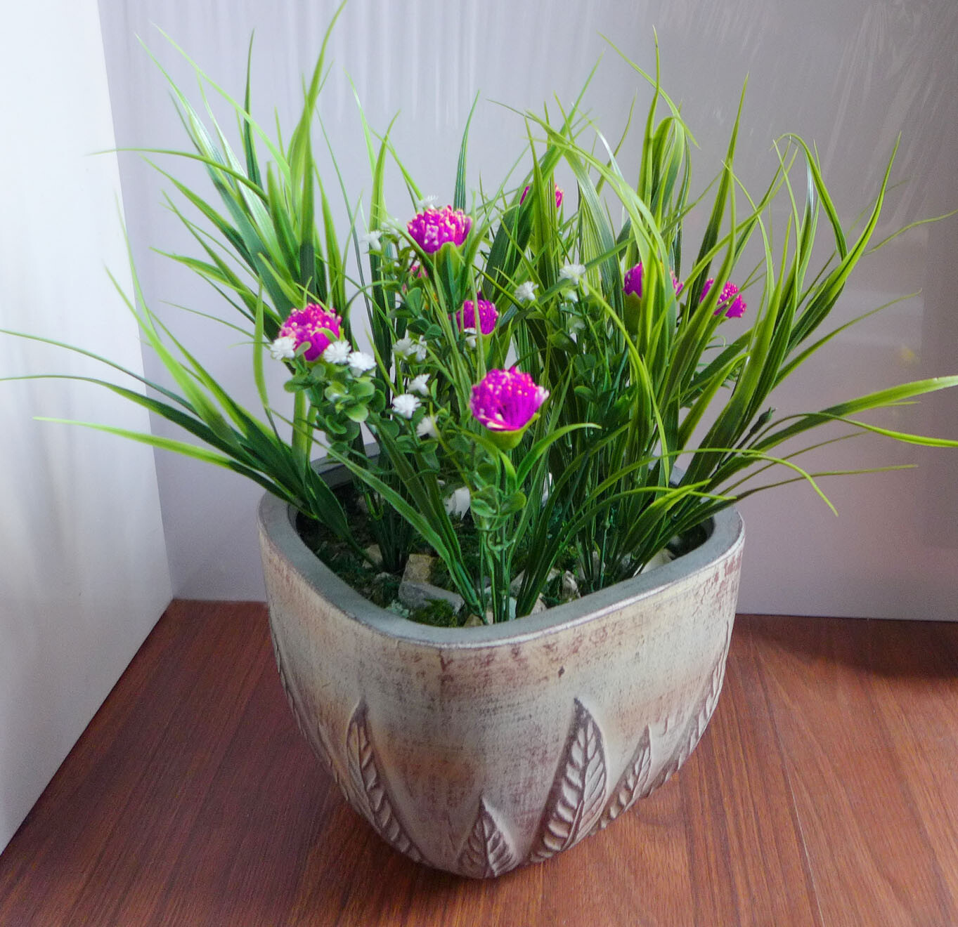Set of 4 Artificial Grass (2 Ball Flowers Bush With Grass)