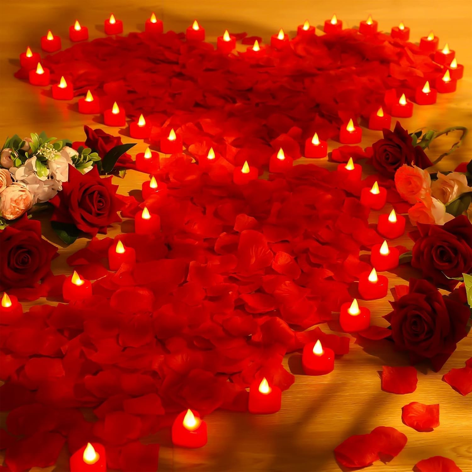 Valentines Day! Bed of Roses 100 Faux Rose Petals with 4 LED tea lights