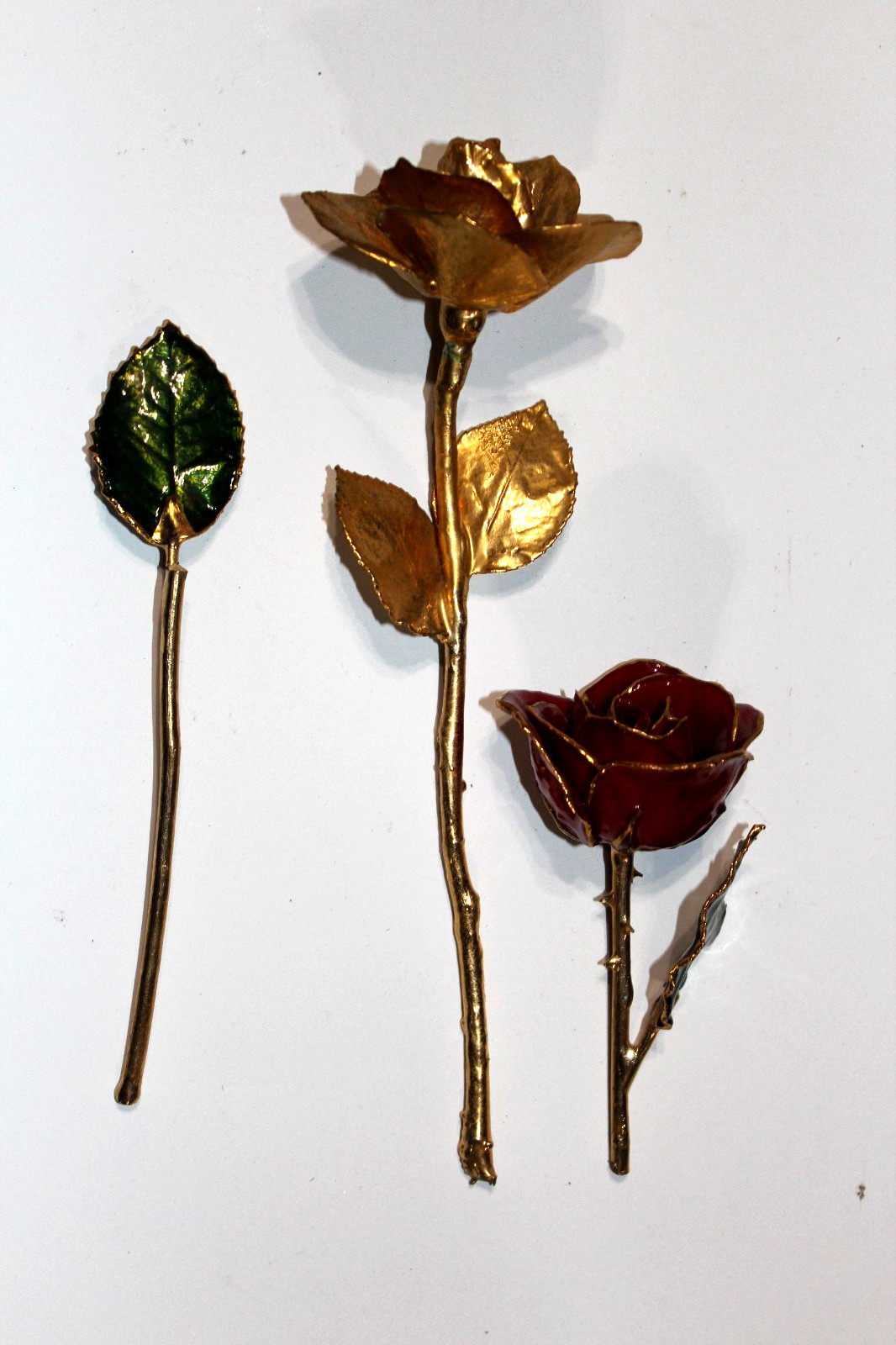 Aluminum Covered Rose & Petals, Gold Tone with Red & Green