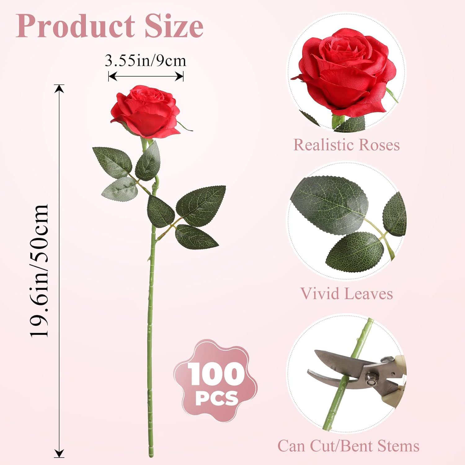 100Pcs Artificial Silk Roses Bulk,Fake Roses Flower with Stems Realistic Flowers