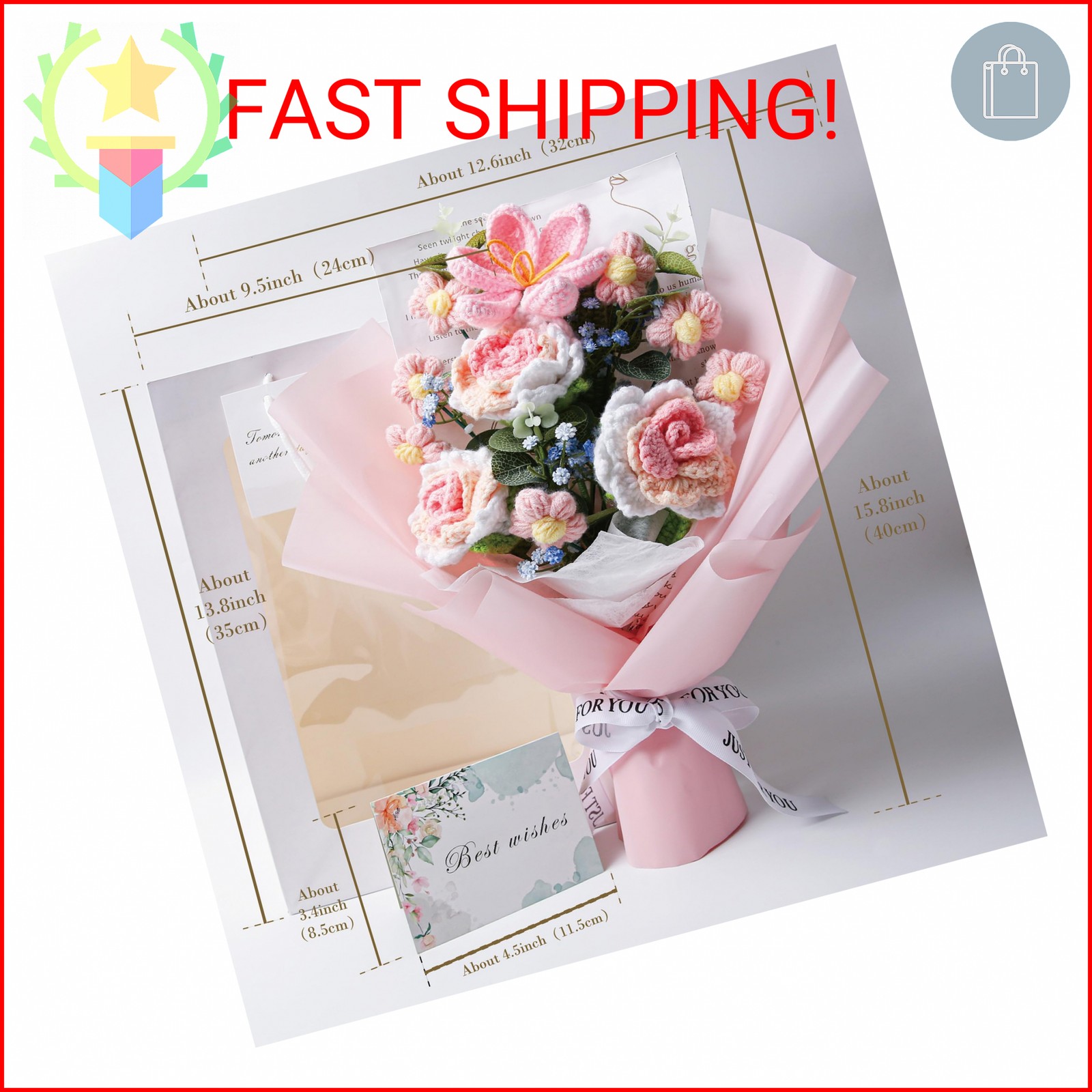 EZsenses Crochet Flower Bouquet, Handmade Knitted Rose Faux Crochet Flowers for
