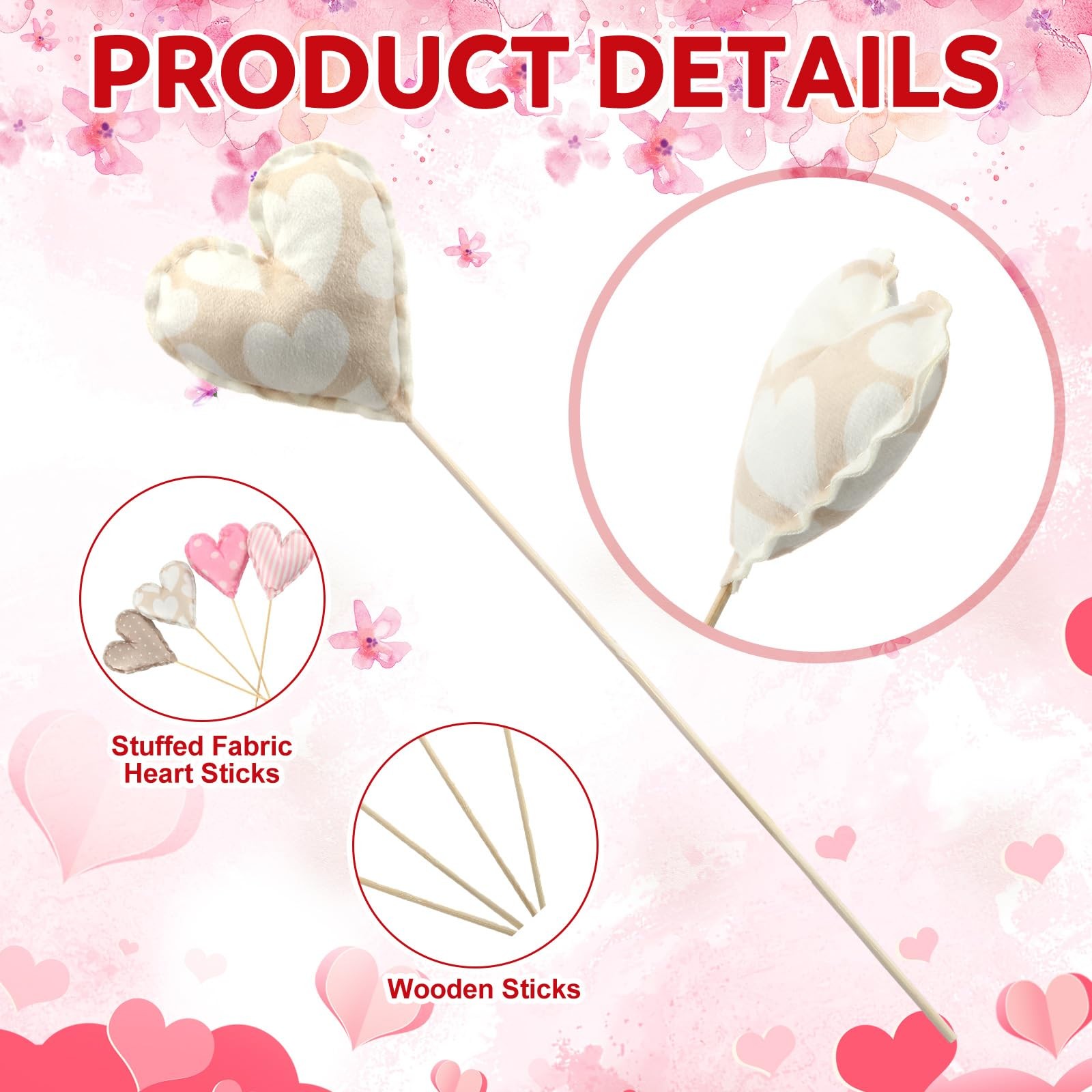 8 Pcs Valentine’s Day Heart Flower Picks Stuffed Fabric Heart on Sticks Plush…