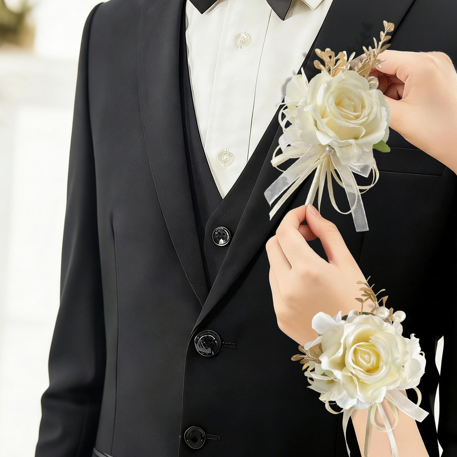 Champagne Wedding Corsage and Boutonniere Set – Silk Flower Wrist Corsage Bra…