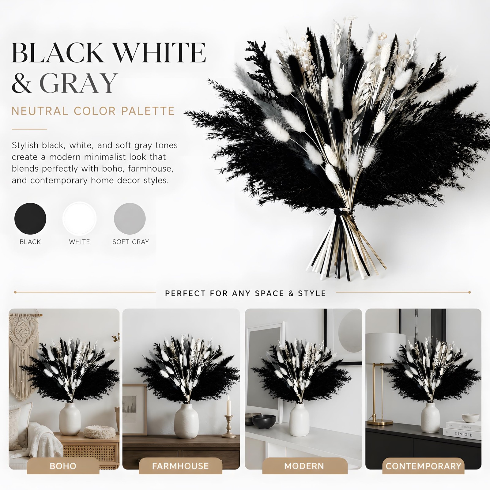 Black Pampas Grass Bouquet, Handmade Dried Flower Arrangement Decor