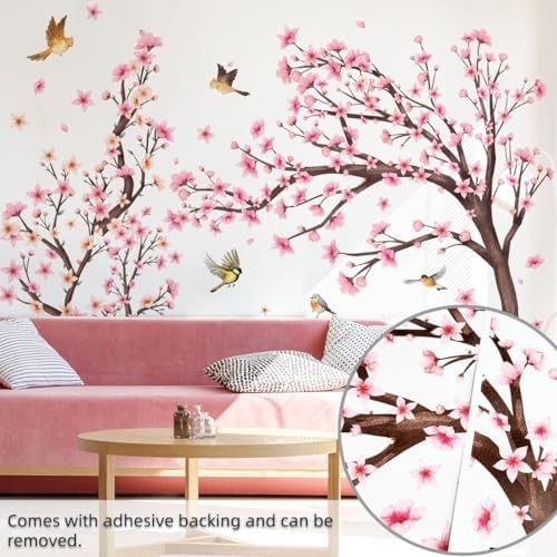 Pink Cherry Blossom Floral Birds Wall Decals Large Cherry Blossom Tree Branch Wa