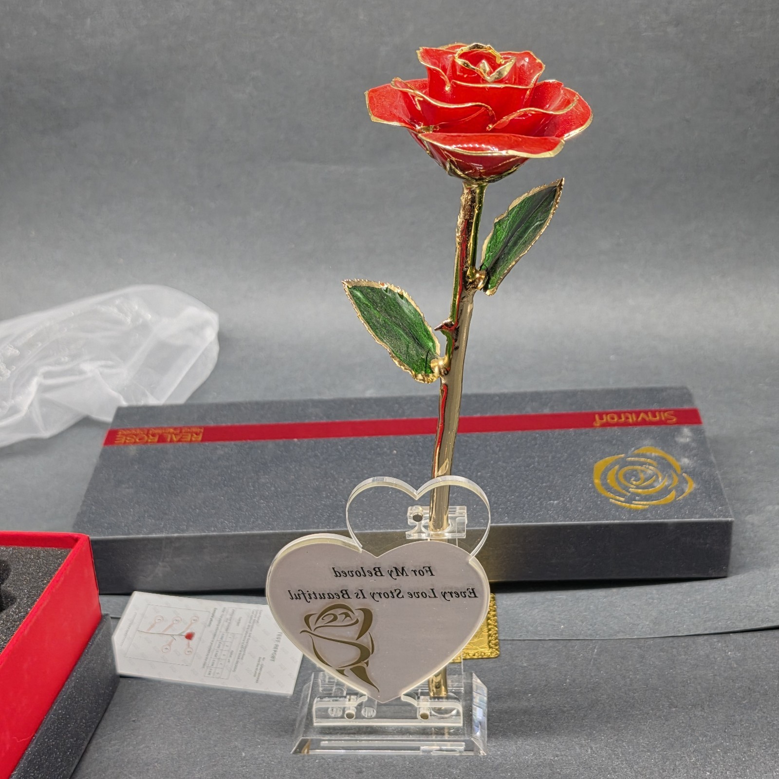 Sinvitron 24K Gold Dipped Real Rose (Red) With Heart Stand & SGS COA Certificate