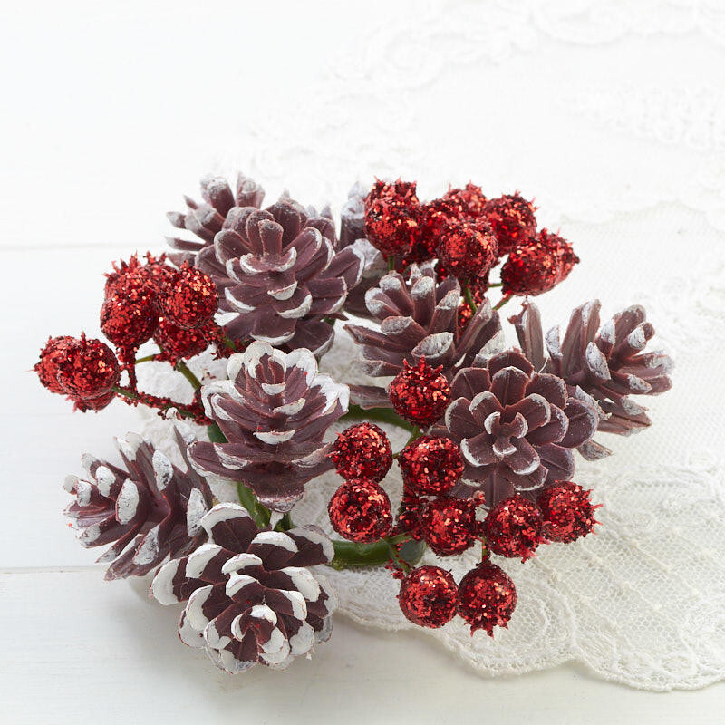 Set of 6 Red Glittered Artificial Berry and Pinecone Candle Rings