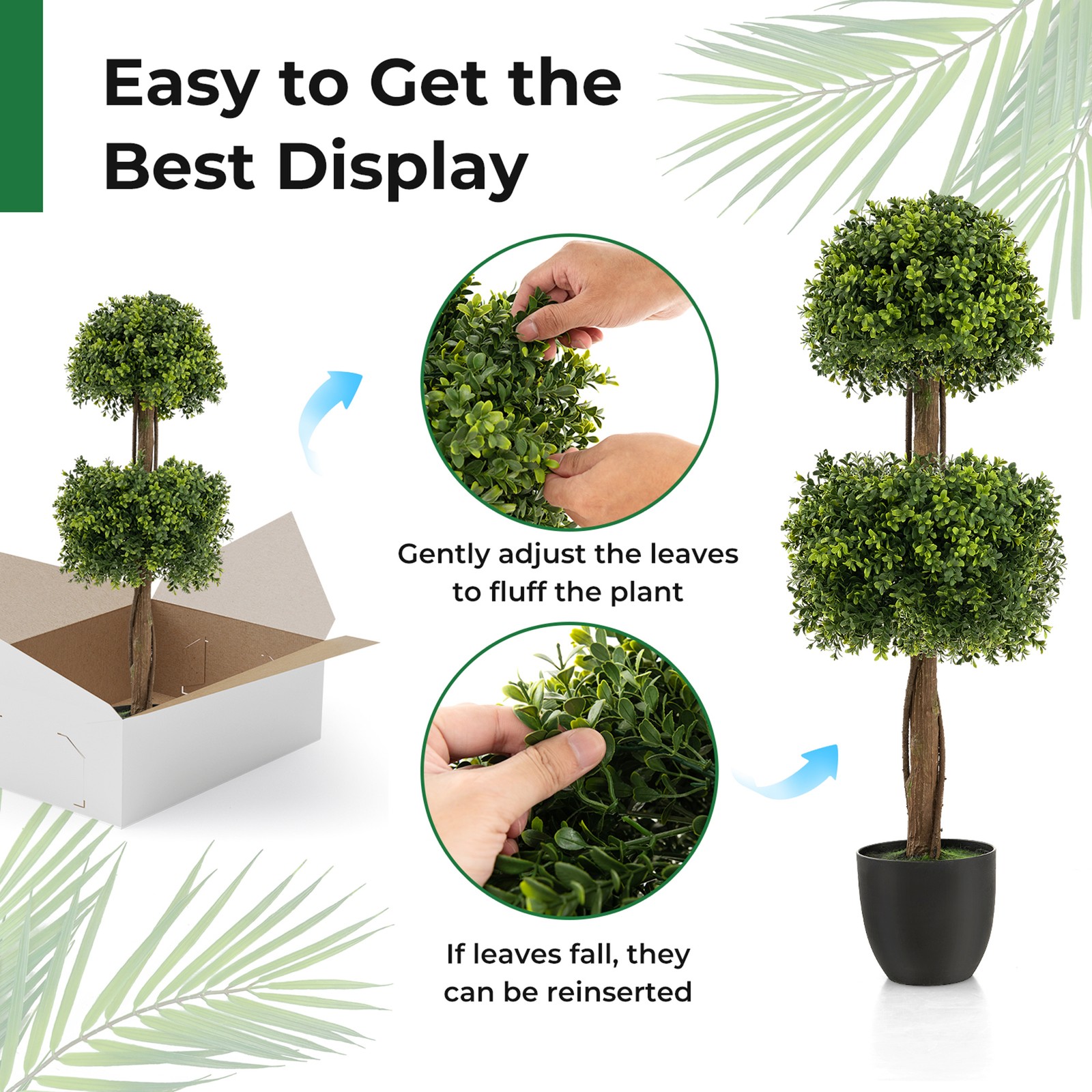 2-Pack 40″ Artificial Boxwood Topiary Ball Tree Faux Plant for Decoration