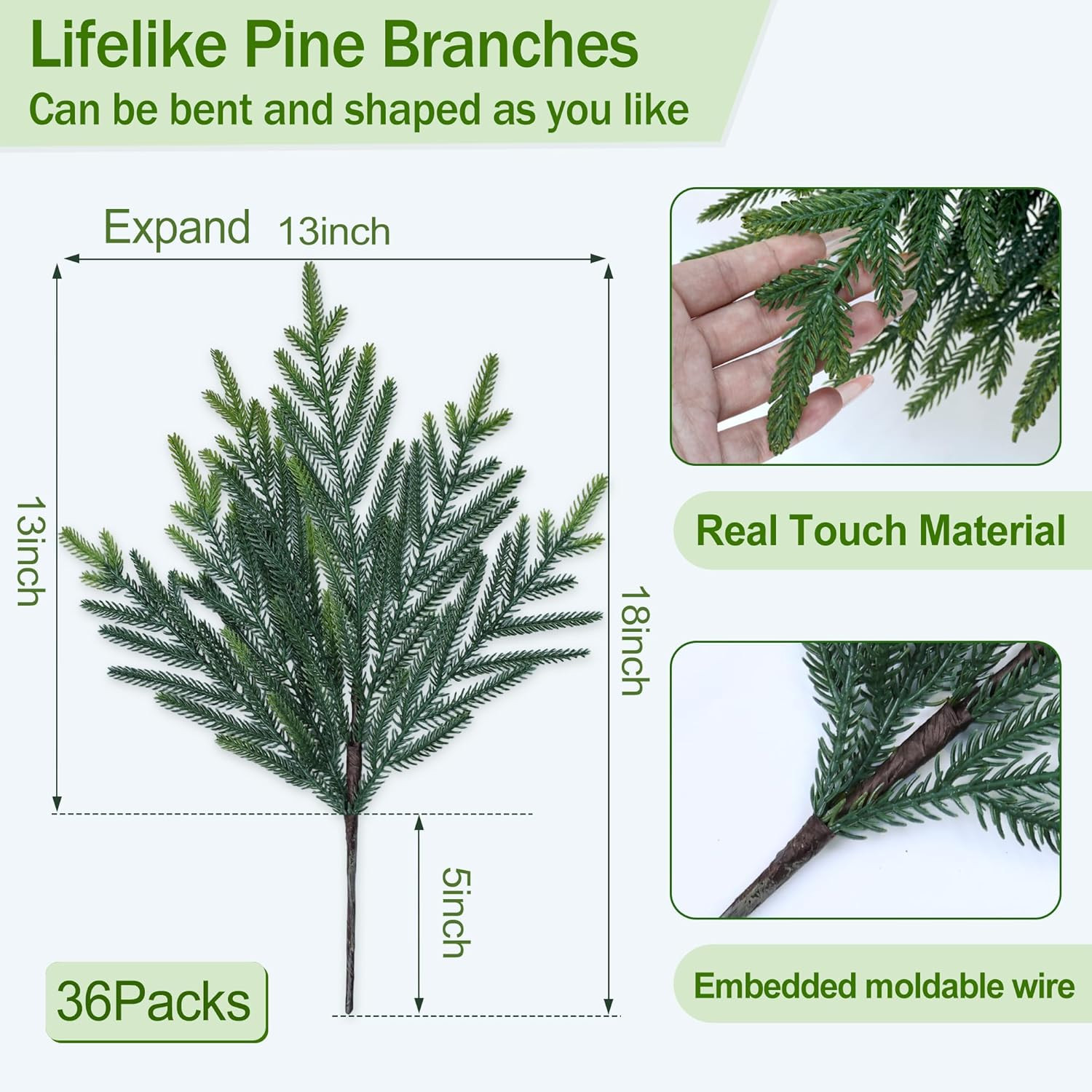 36 Pcs Artificial Green Pine Branches for DIY Christmas Decor – 18 Inch