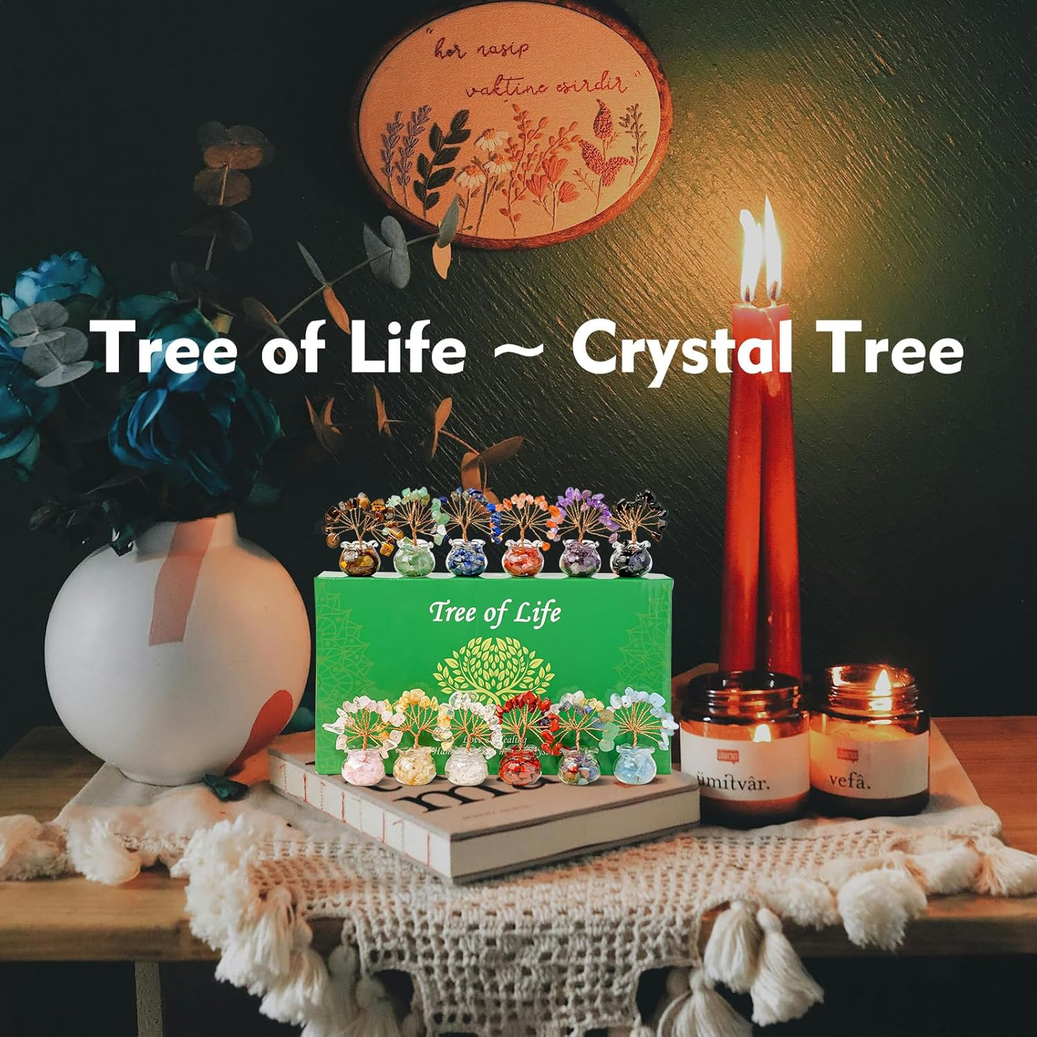 12Pcs Chakra Crystal Tree Set – Fengshui Money Tree with Gemstones, Glass Base,