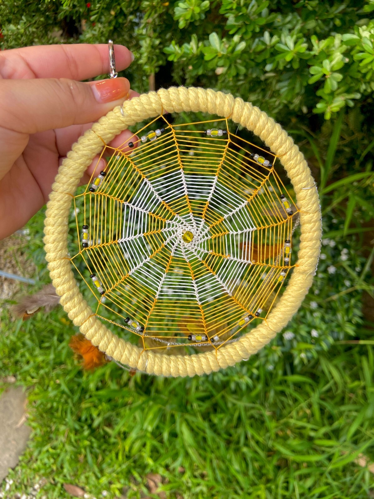 Large Yellow Dream Catcher – Handmade Elegance with Intricate Feather Details