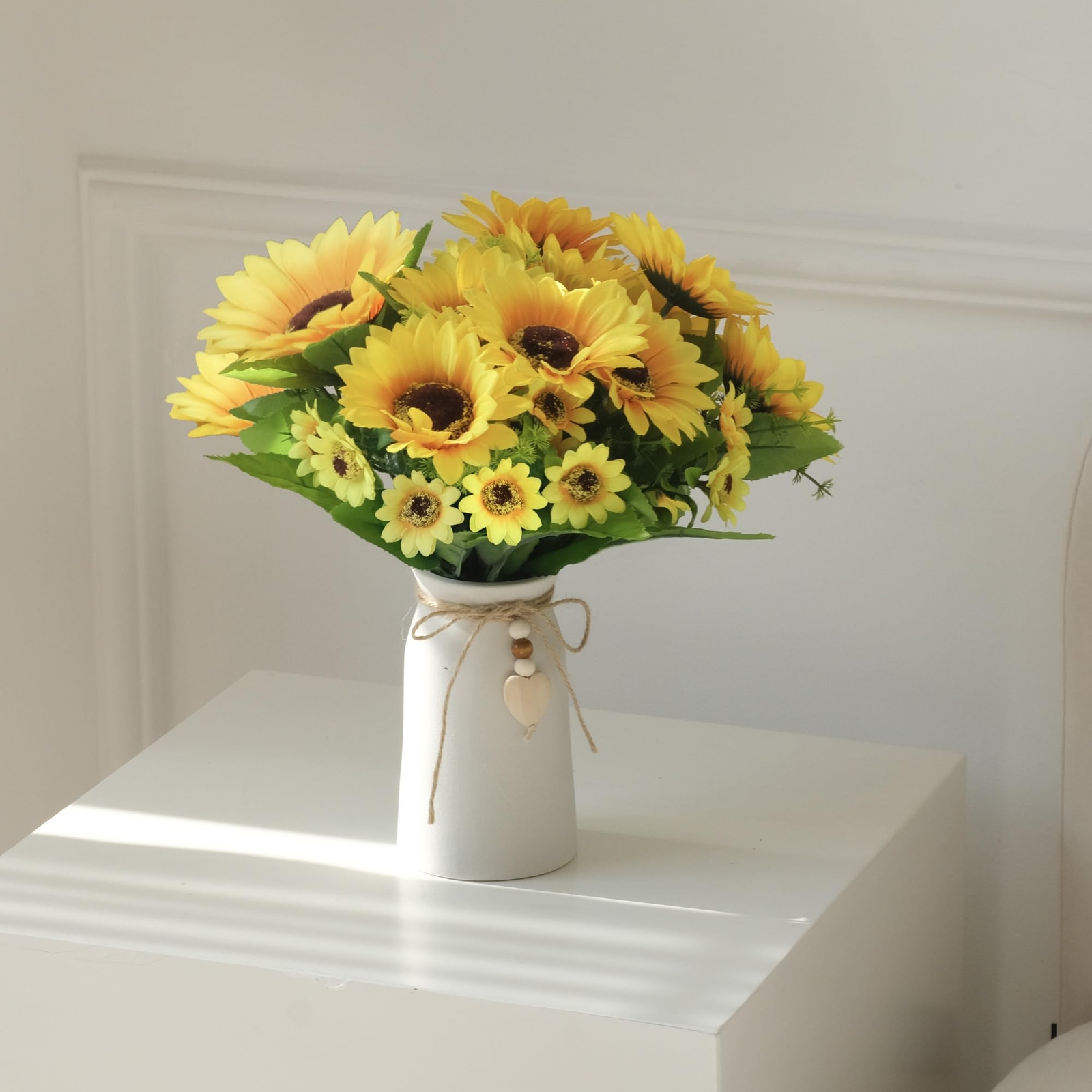 Sunflower Arrangement Cream Vase Silk Flowers Jute Rope Heart Table Decor