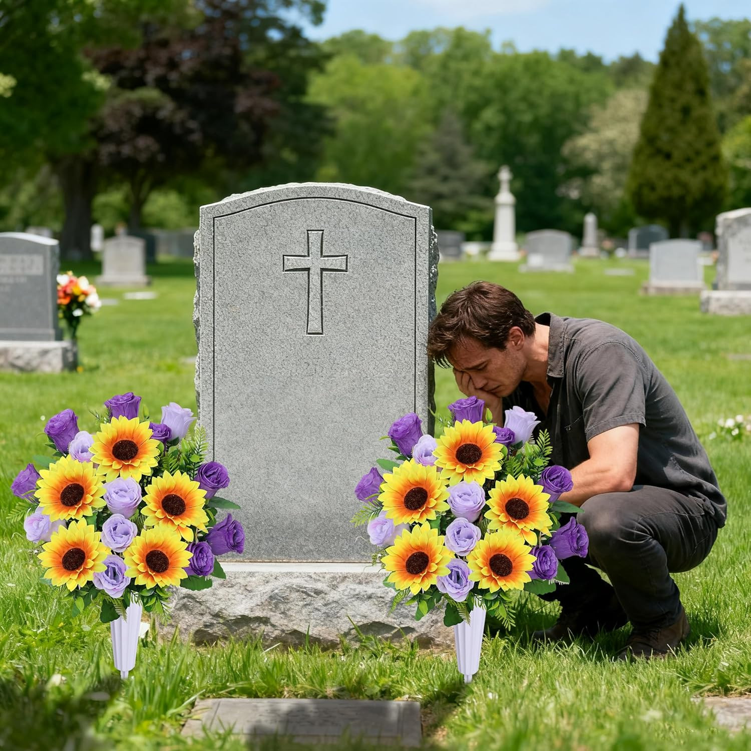 ,Set of 2 Artificial Rose Sunflower Bouquet Graveyard Memorial Flowers for Outdo