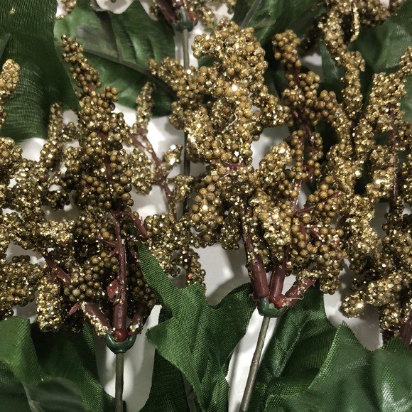 Artificial Gold and Green Decorative Berry Stems 7 total Christmas holiday ..