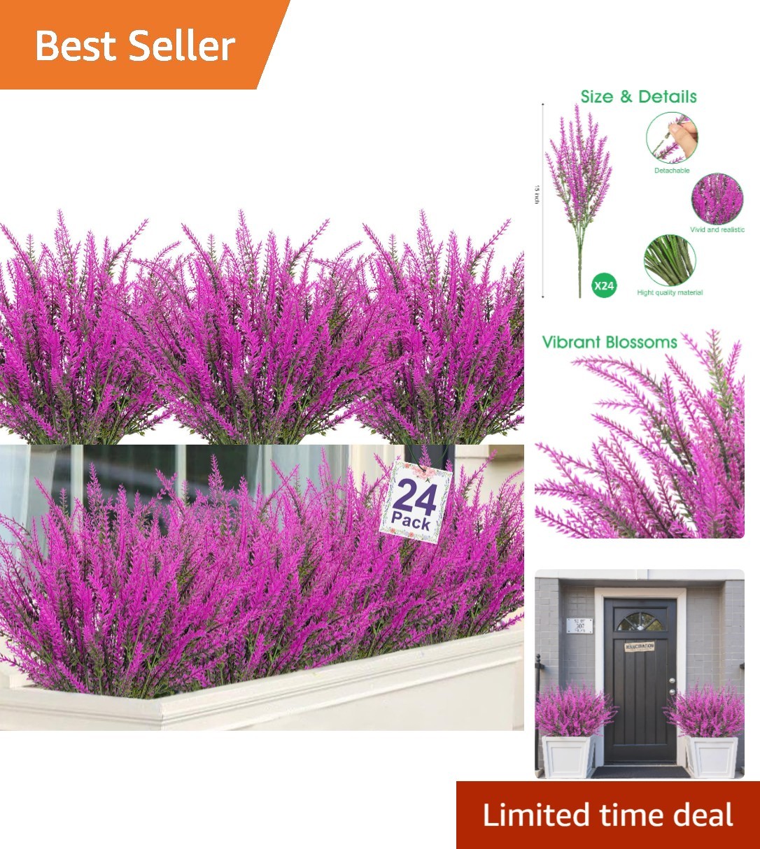 Realistic 24 Bundle Artificial Lavender – UV Resistant Fuchsia Flowers for Home