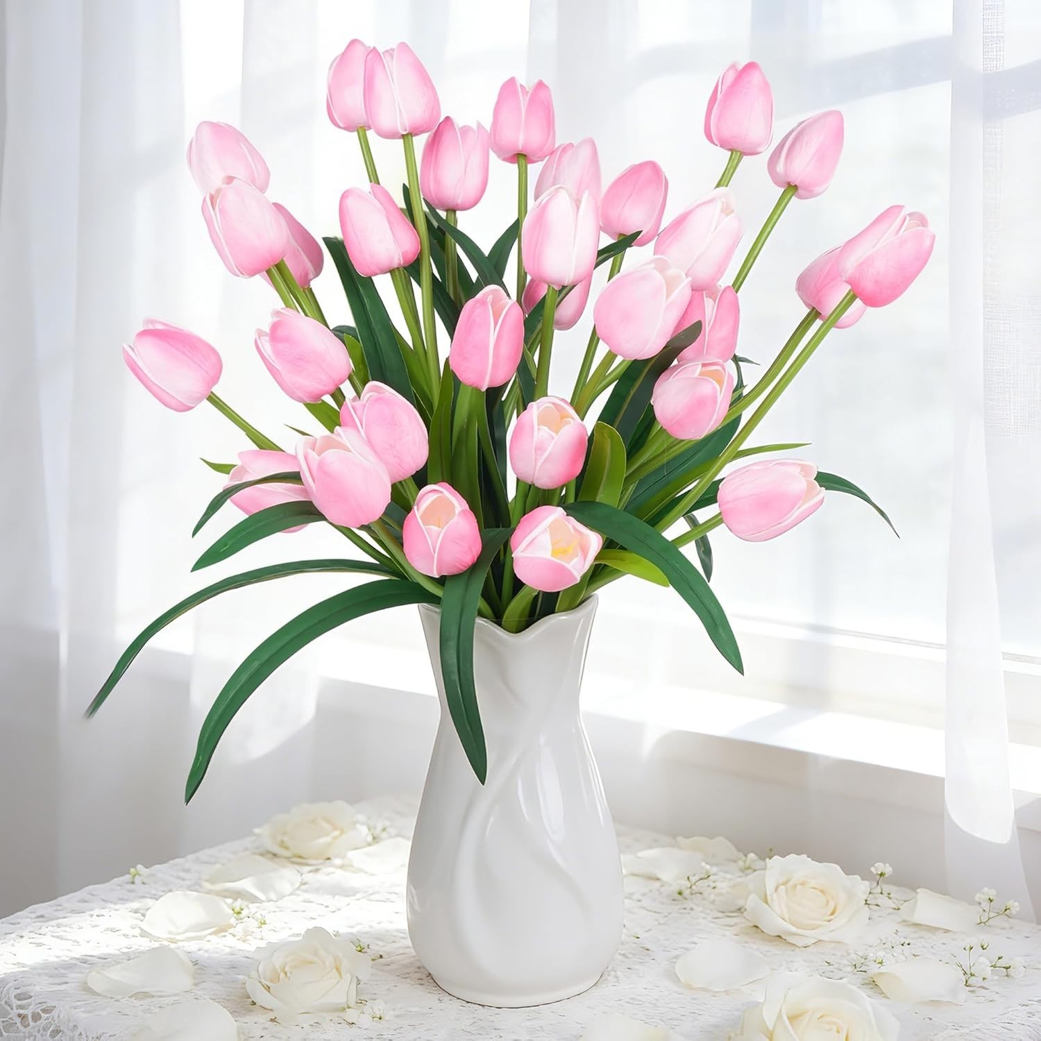 Artificial Tulip Flowers-Homsunny 18.9″ Large Pink – 30-Pack Faux Tulips-Decor