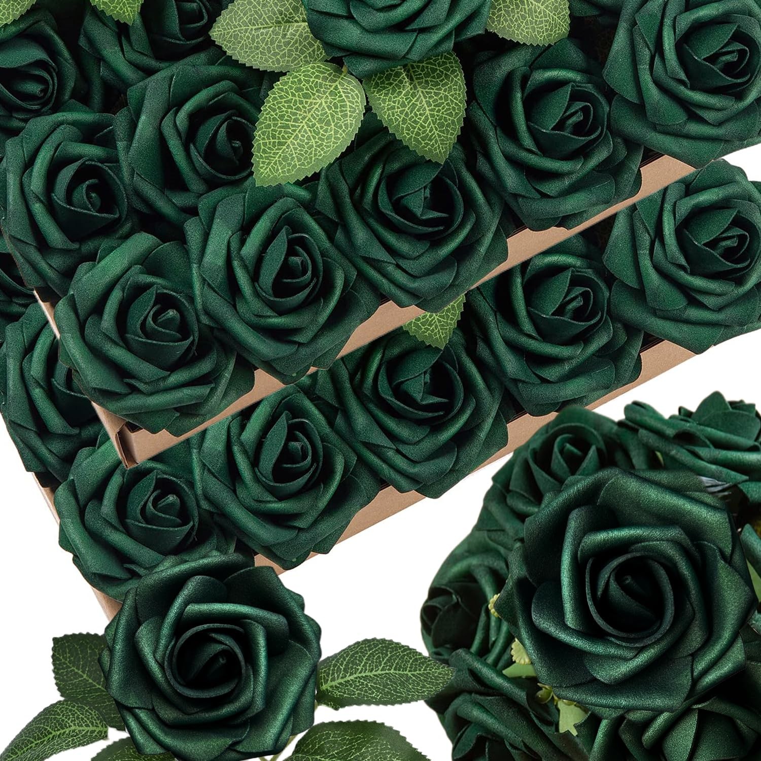 50pcs Emerald Green Artificial Flowers Foam Fake Dark Hunt Green Rose with St…