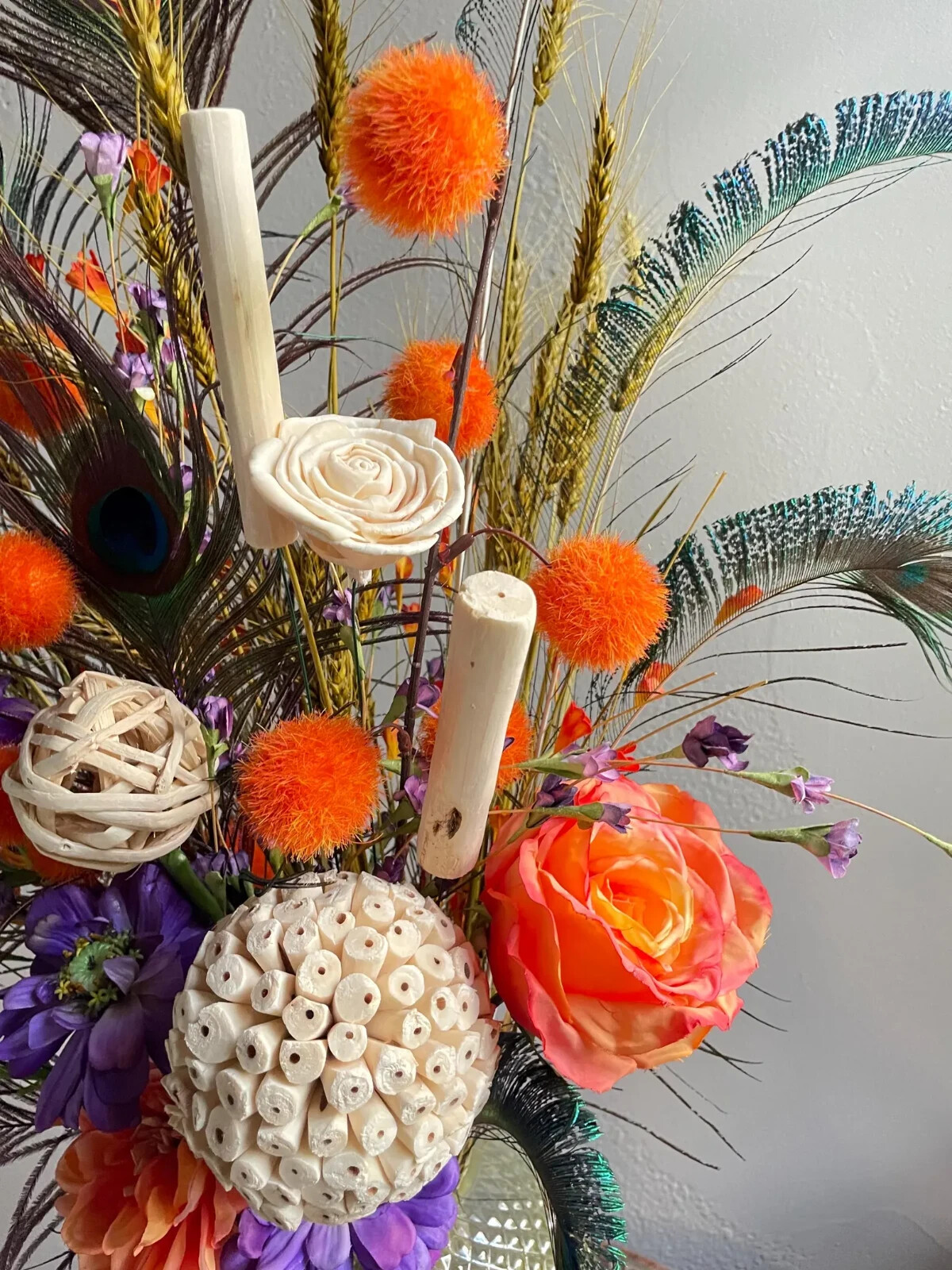 Peacock Centerpiece: Earthy Floral Arrangement, Cute Purple & Orange Room Decor