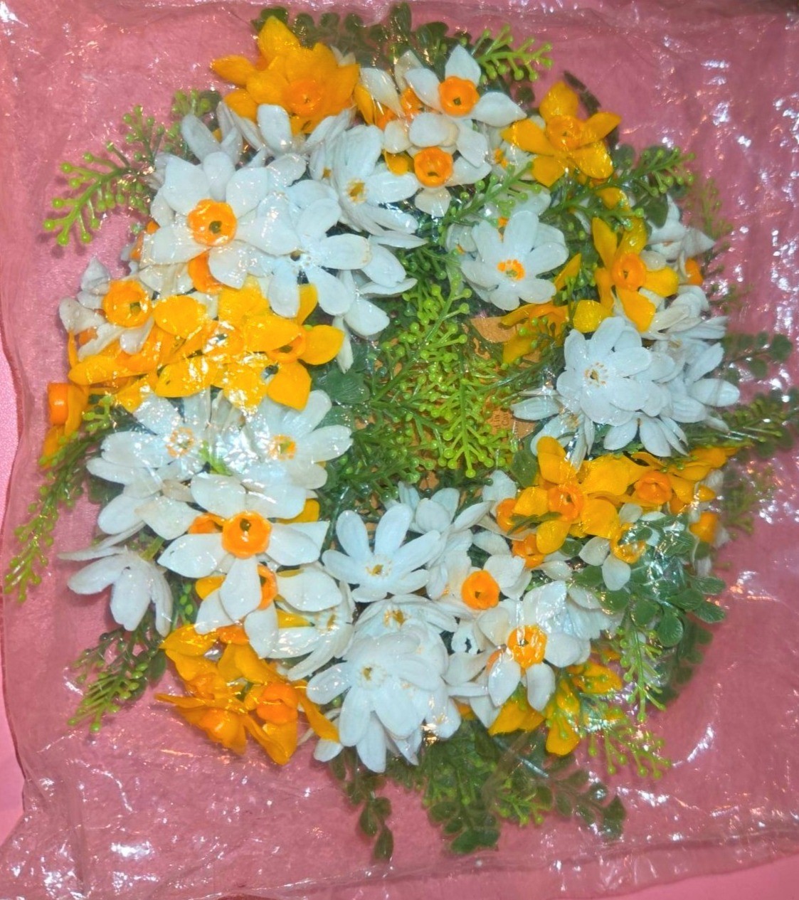 Artificial Floral Candle Ring With White & Yellow Flowers Green Leaves 4-Inch Di