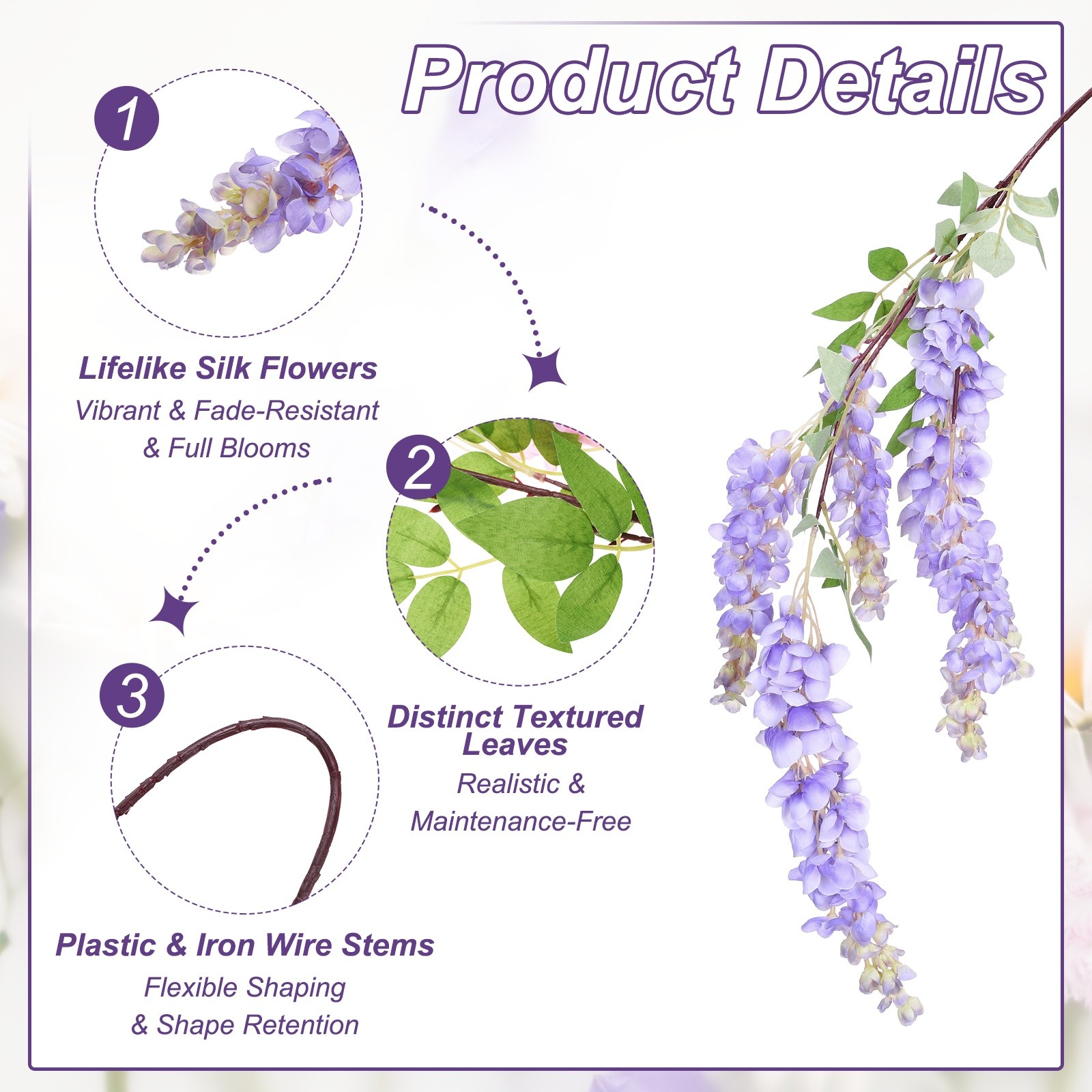 2 Pcs Artificial Wisteria Hanging Flower 3.9 ft Fake Hanging Floral Purple/White