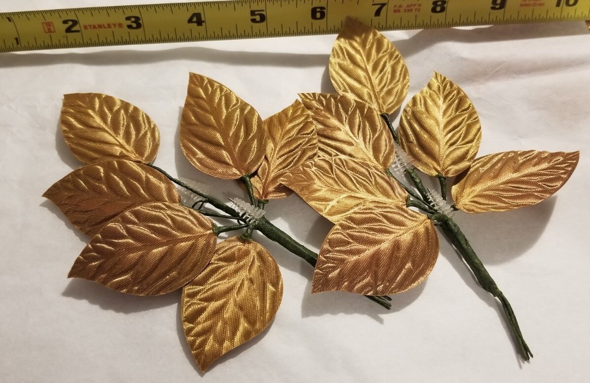 TWO Gold Fabric Rose 2″ Leaf Stems 6 leaf cluster. MY12